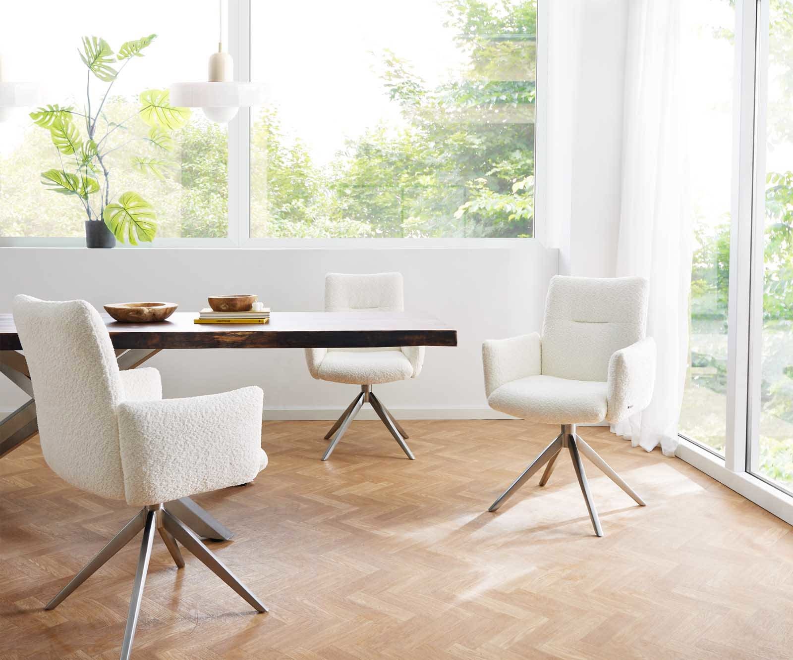Chaise-pivotante Jova-Flex avec accoudoirs bouclé blanc pied croisé large acier inoxydable brossé pivotement sur 360° ressorts ensachés 6 Chaise-pivotante Jova-Flex avec accoudoirs bouclé blanc pied croisé large acier inoxydable brossé pivotement sur 360° ressorts ensachés 6