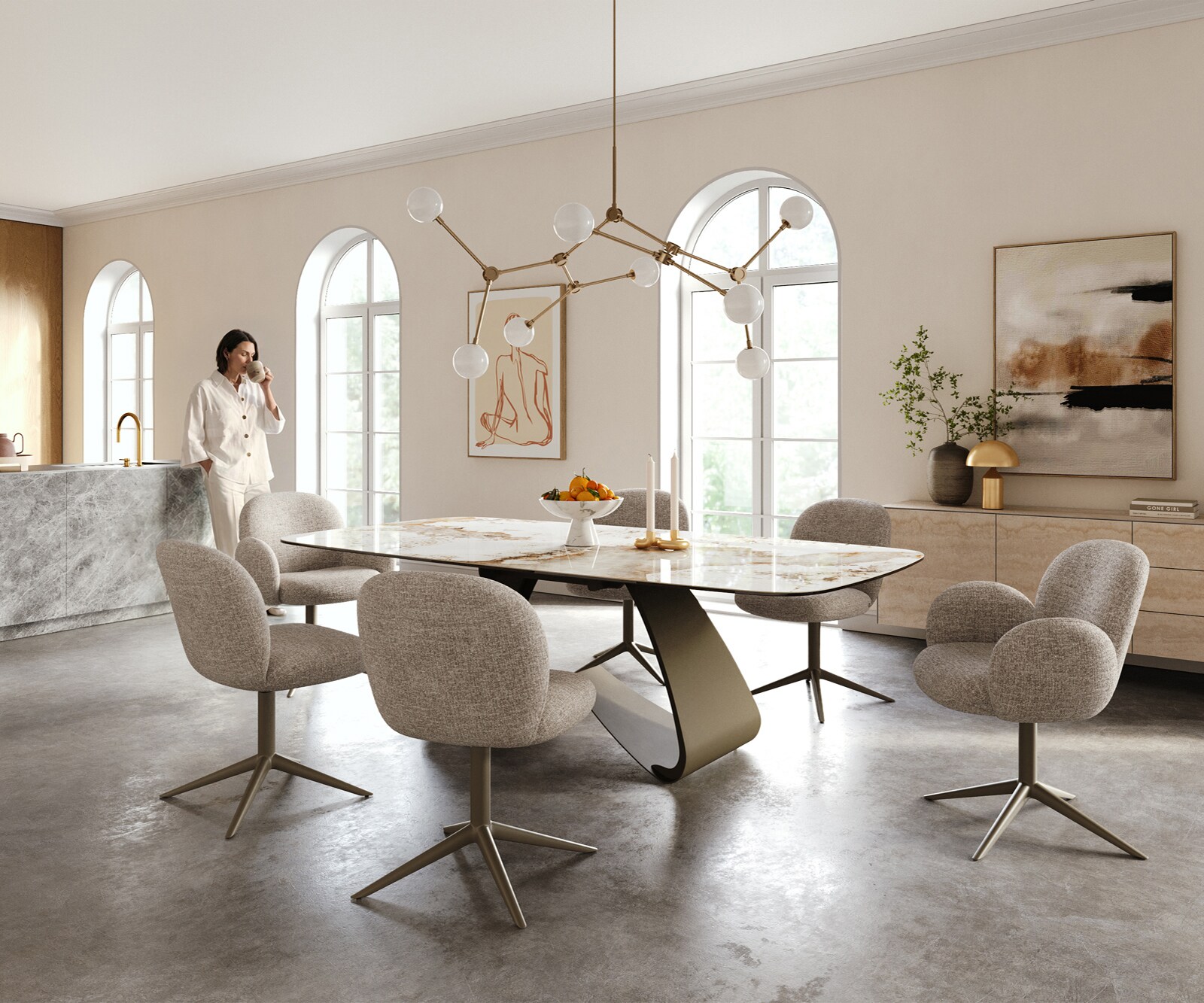 Table à manger Edge Boot 240x120 cm Céramique Minas Melange Blanc-Beige piètement en W Métal Finition effet Titan 5