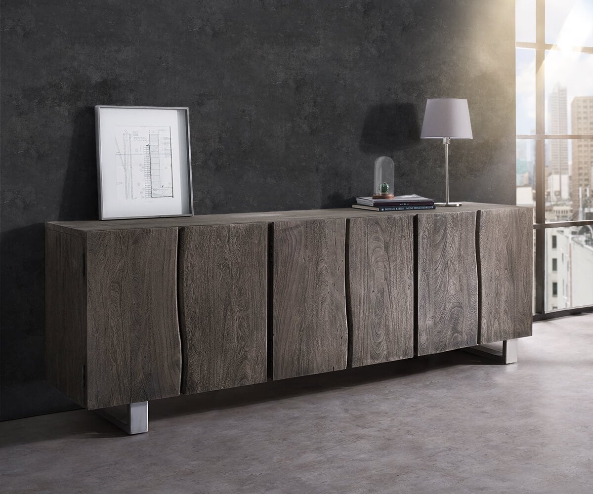 Buffet Live-Edge 220 cm acacia massif platine 6 portes Buffet Live-Edge 220 cm acacia massif platine 6 portes