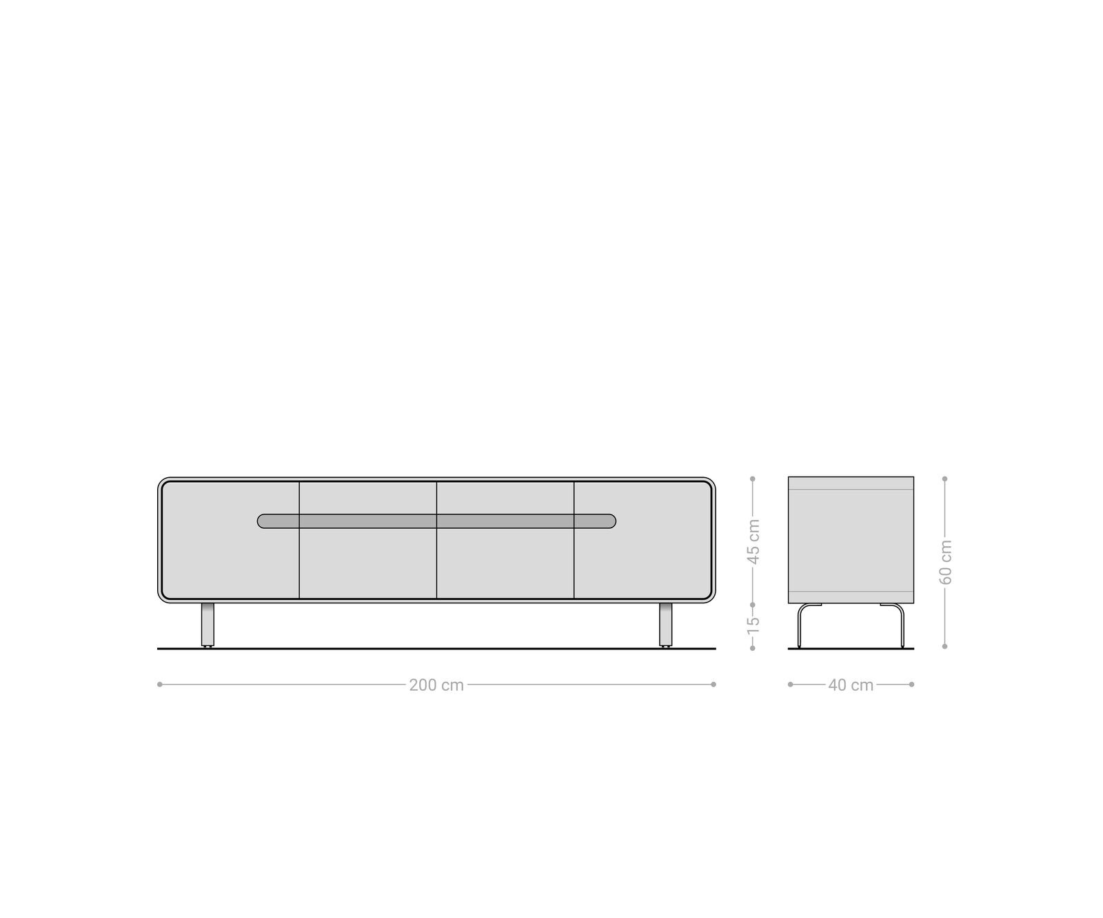 Lowboard Anaya 200 cm Akazie Natur 4 Türen L-Fuß Edelstahl 9