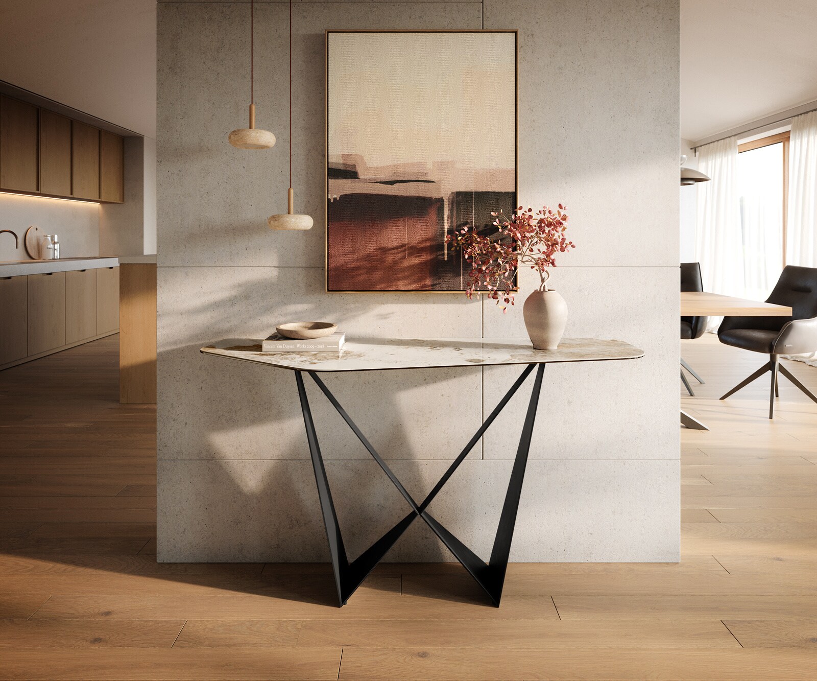 Konsolentisch Edge Polygonal 140x50 cm Keramik Minas Melange Weiß-Beige Spios Metall Schwarz 4