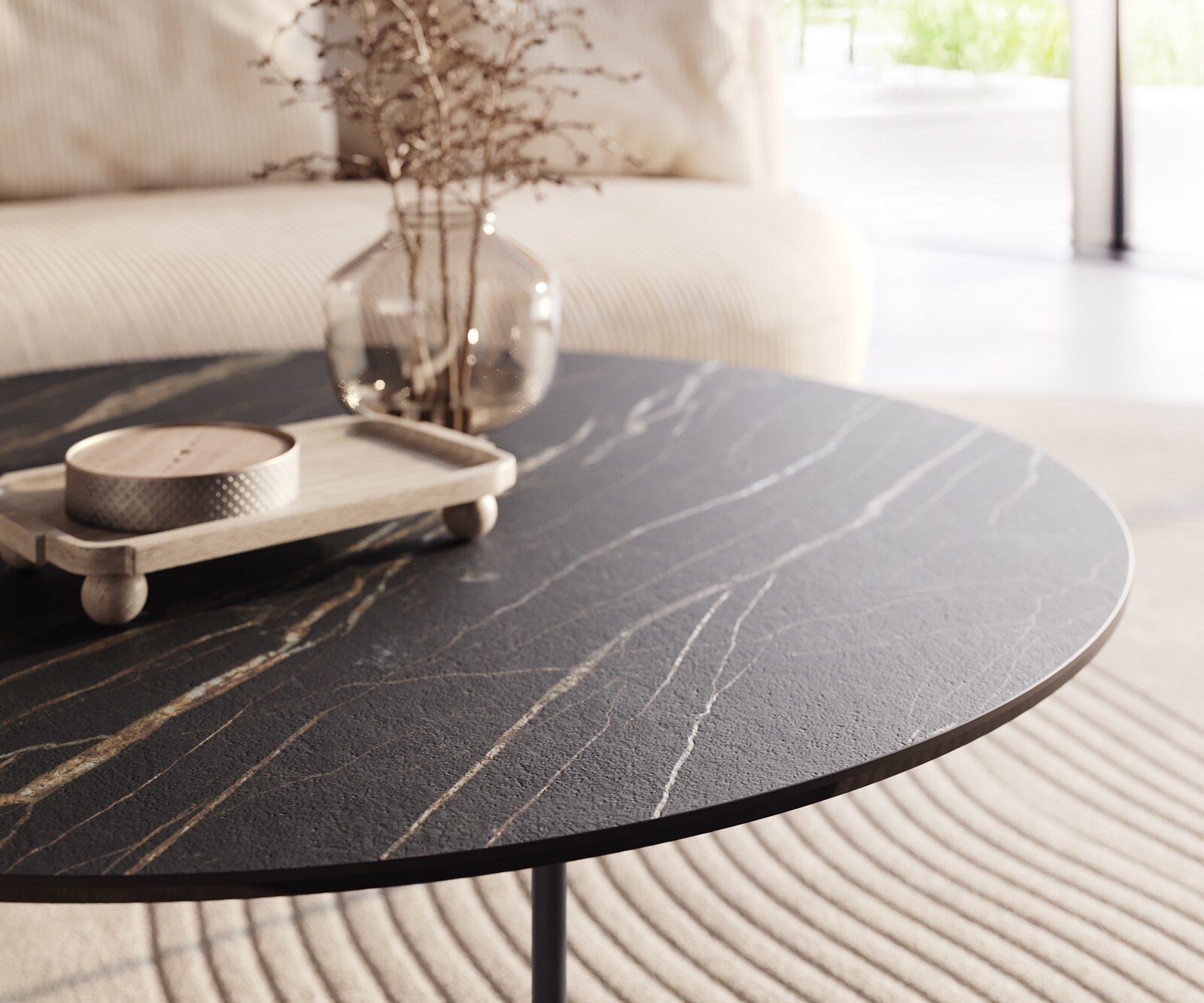 Couchtisch Edge Rund 100x100 cm Keramik Laminam® Noir Desir Braun Trive Metall Schwarz 3