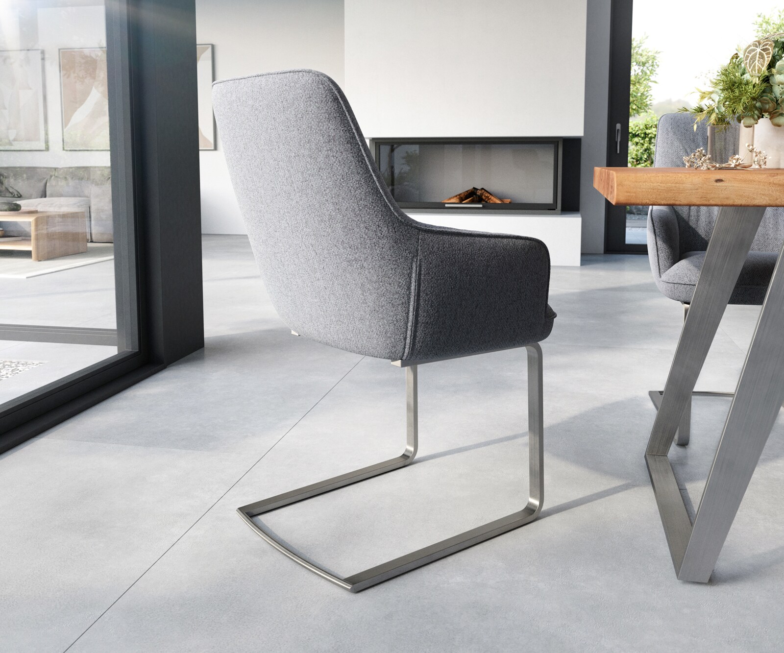 Cantilever Zelia-Flex avec accoudoirs tissu texturé gris clair pied cantilever plat acier inoxydable brossé ressorts ensachés 5