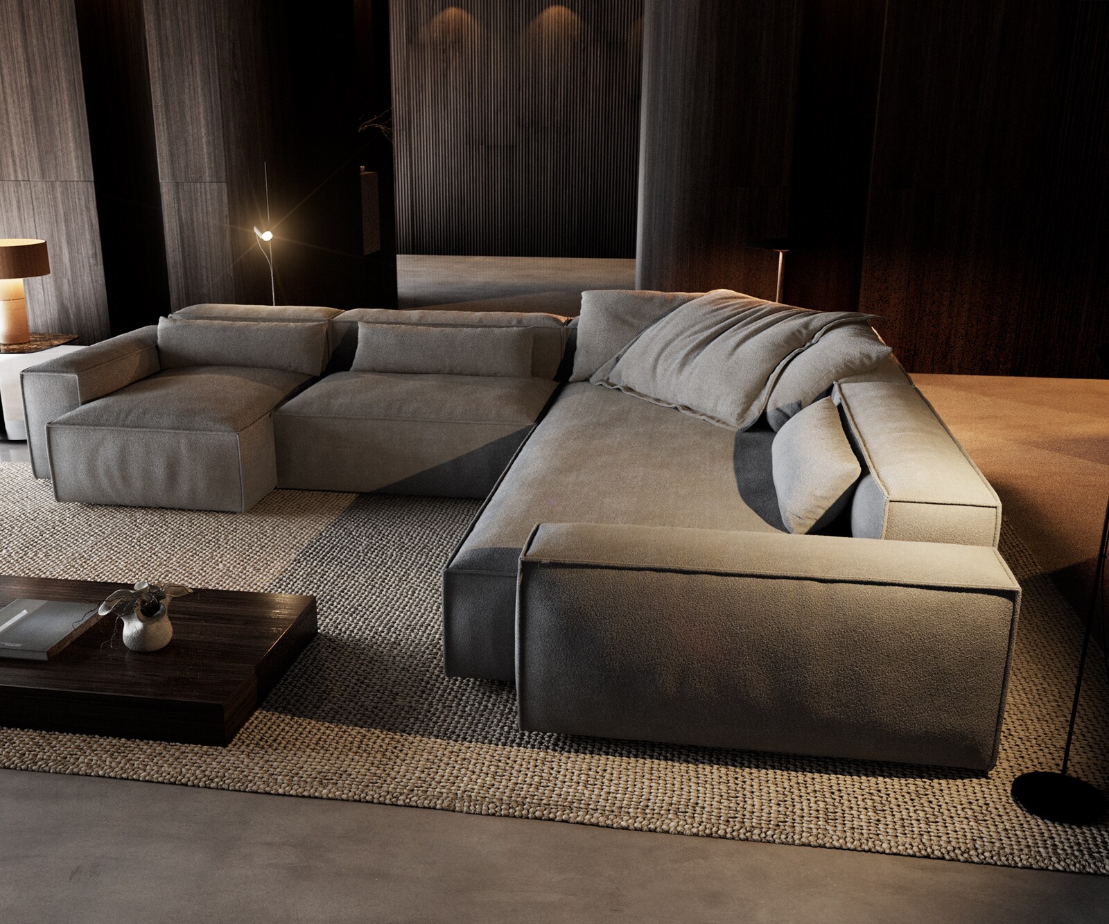 Canapé panoramique Freestyle 360x290 cm Tissu structuré doux Gris couture passepoilée 3