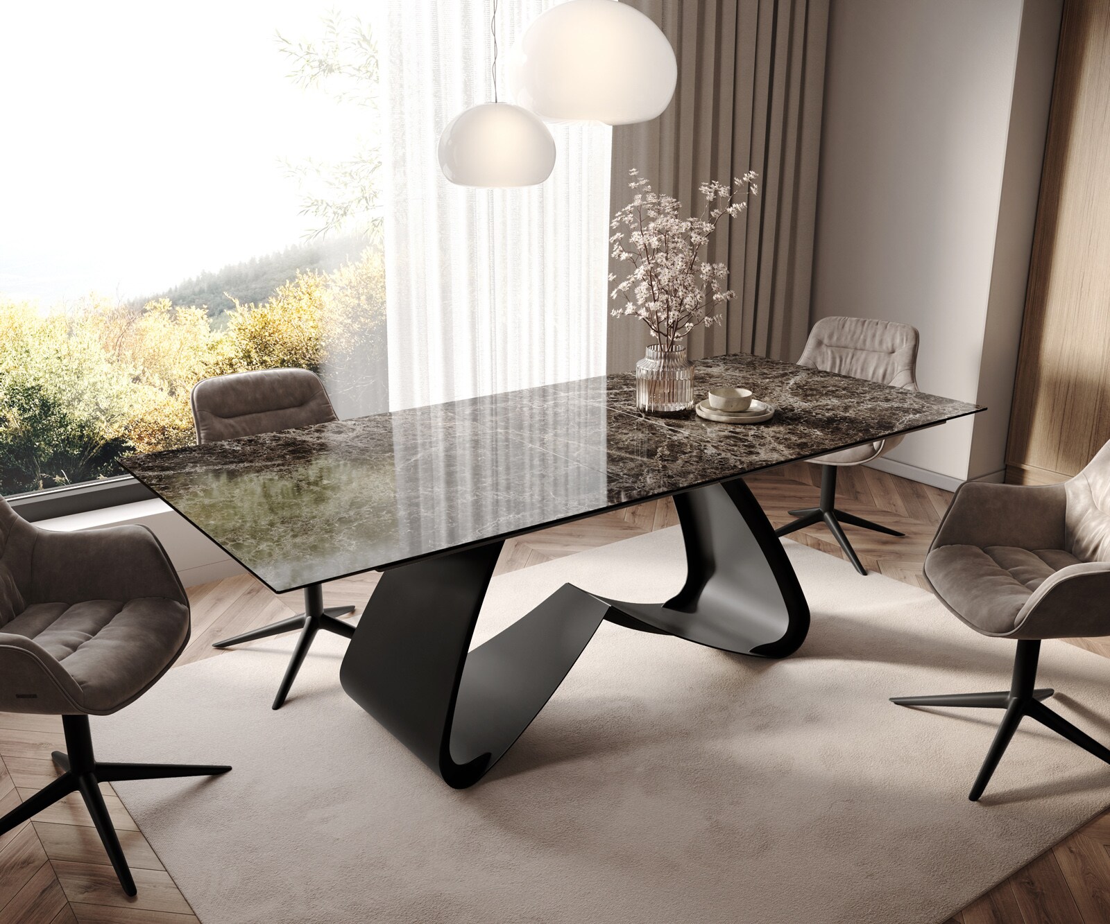 Table à manger Edge 180-220x100 céramique Laminam® Emperador Extra Lucidato marron foncé cadre en W noir extensible 1