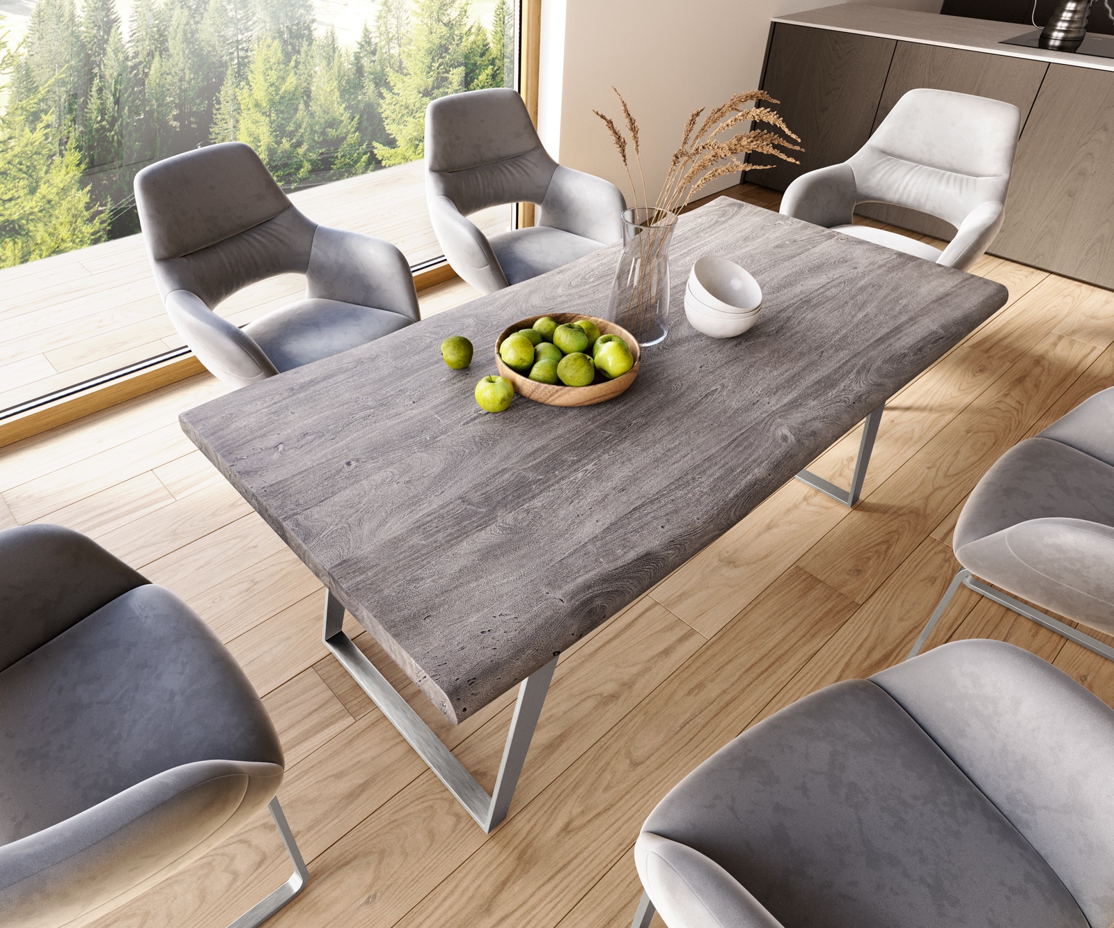 Esstisch Edge 180x90 XL Akazie Platin Metall Schräg Live-Edge 5 Esstisch Edge 180x90 XL Akazie Platin Metall Schräg Live-Edge 5