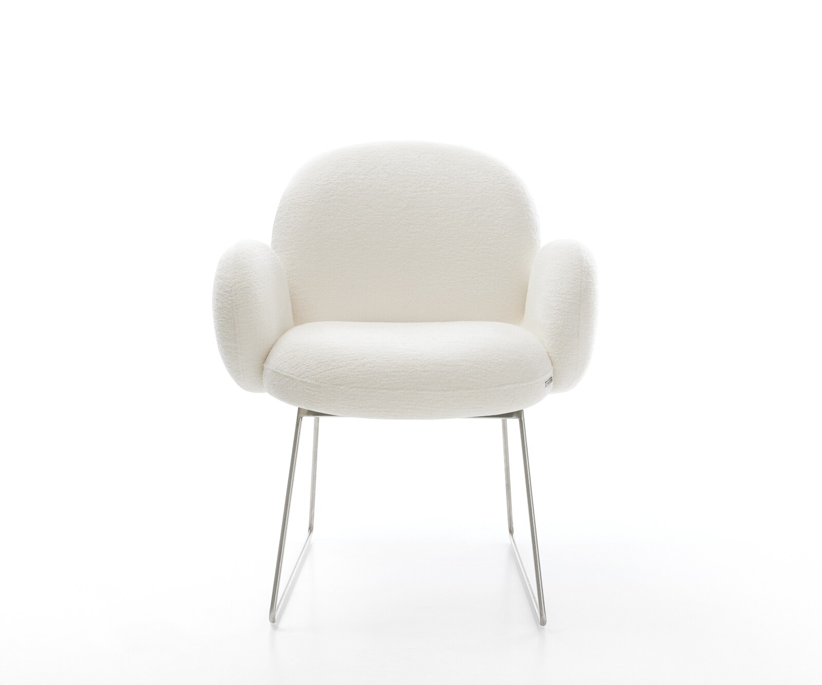 Esszimmerstuhl Nube-Flex mit Armlehnen Bouclé Soft Beige Kufengestell Edelstahl Taschenfederkern 2