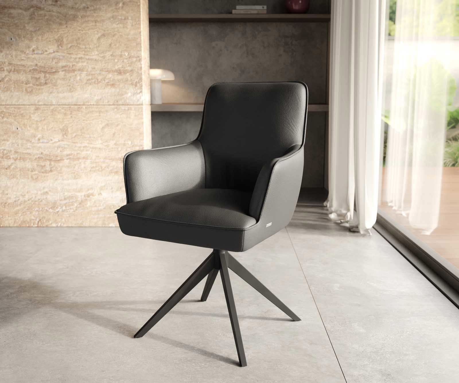 Drehstuhl Heira-Flex mit Armlehnen Echt-Leder Schwarz Kreuzgestell breit Schwarz 360° drehbar Taschenfederkern Drehstuhl Heira-Flex mit Armlehnen Echt-Leder Schwarz Kreuzgestell breit Schwarz 360° drehbar Taschenfederkern