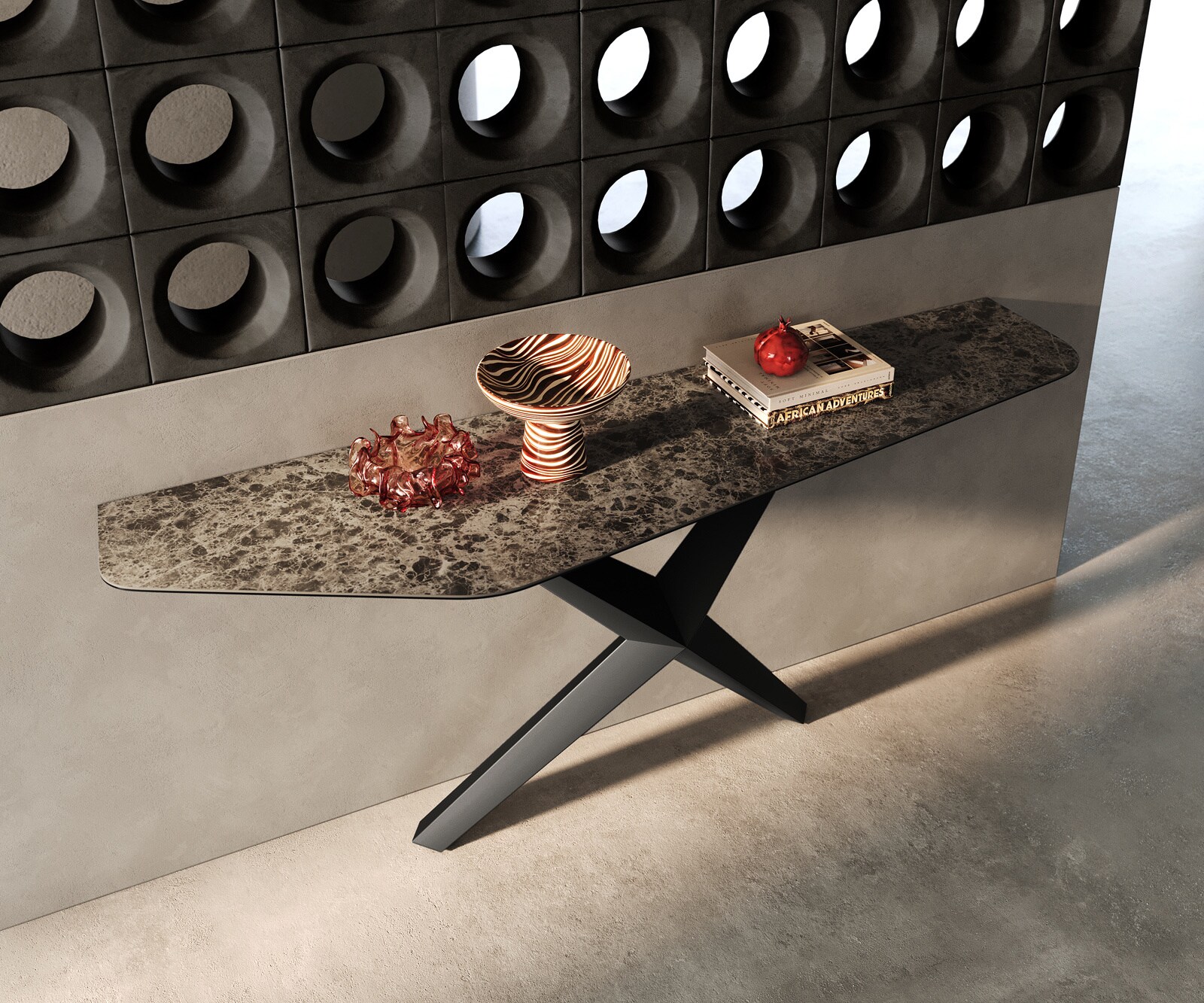 Console Edge Polygonal 180x50 cm Céramique Emperador Extra Lucidato Dunkelbraun Zentharo Métal Noir 1