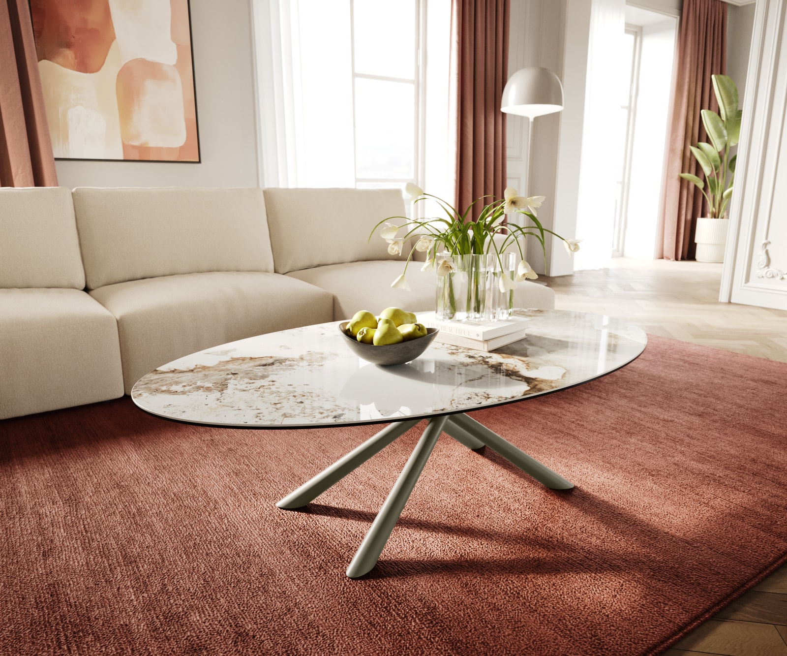 Table basse Edge Oval 140x80 cm céramique Minas Melange Sarity Metall finition effet titane 1