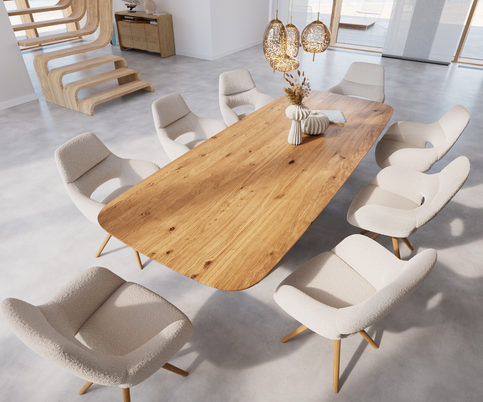 Table à manger Edge Boot 300x120x2,5-3 chêne nature cadre en V acier plat noir bord suisse 3