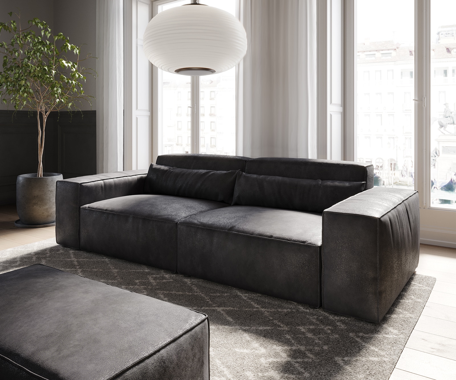 Big-Sofa Sirpio 230x90 cm Lederimitat Vintage Anthrazit  mit Hocker Big-Sofa Sirpio 230x90 cm Lederimitat Vintage Anthrazit  mit Hocker