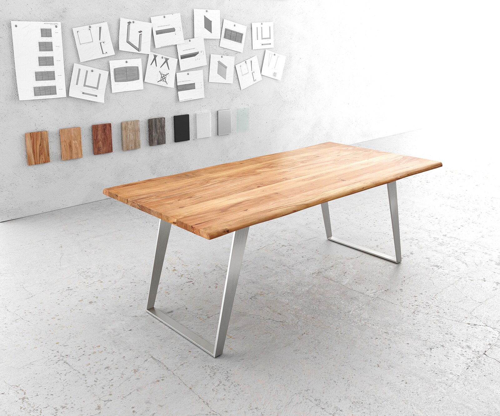 Esstisch Edge 200x100cm Akazie Natur Edelstahl Silber schräg Live-Edge 1