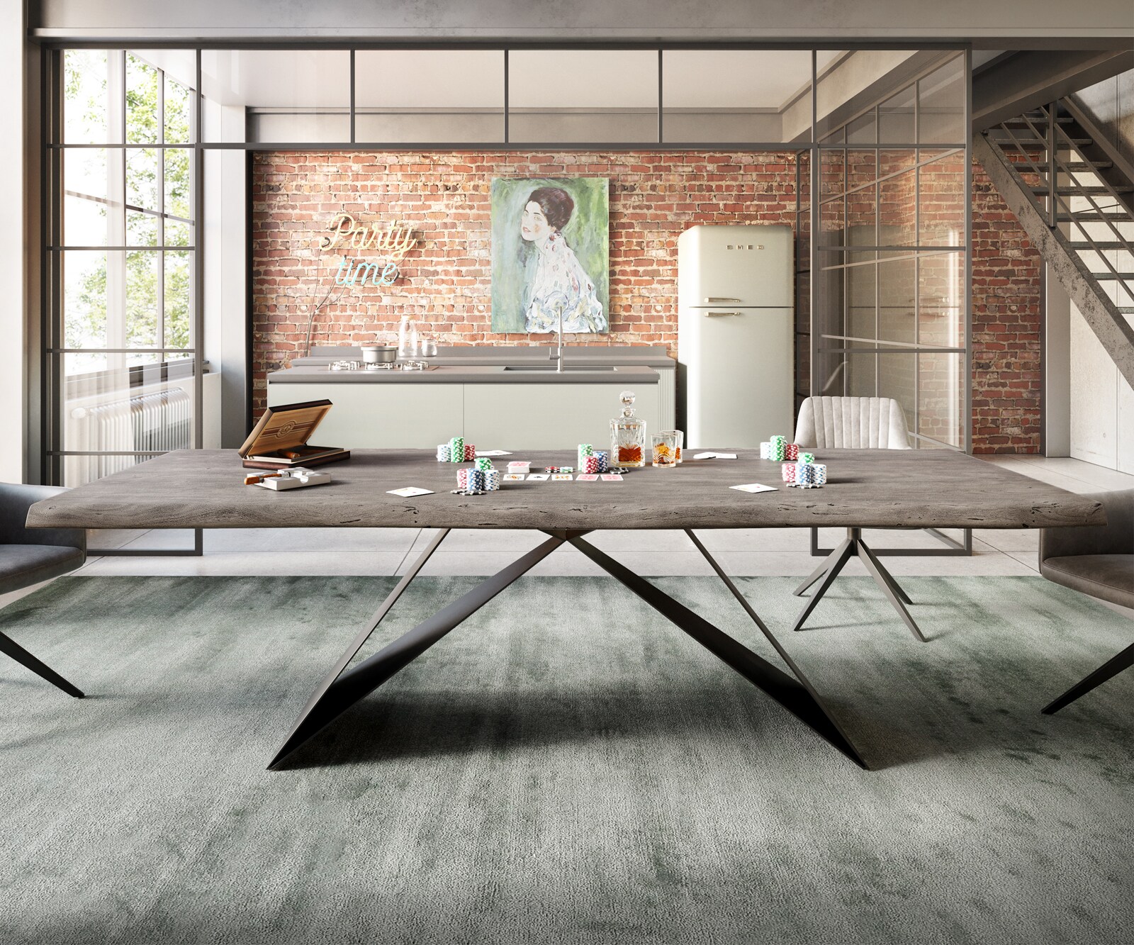 Esstisch Edge 260x100 XL Akazie Platin V-Gestell Flachstahl Schwarz Live-Edge 6