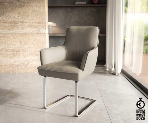 Cantilever Heira-Flex avec accoudoirs cuir de vache couleur boue pied cantilever plat acier inoxydable brossé ressorts ensachés