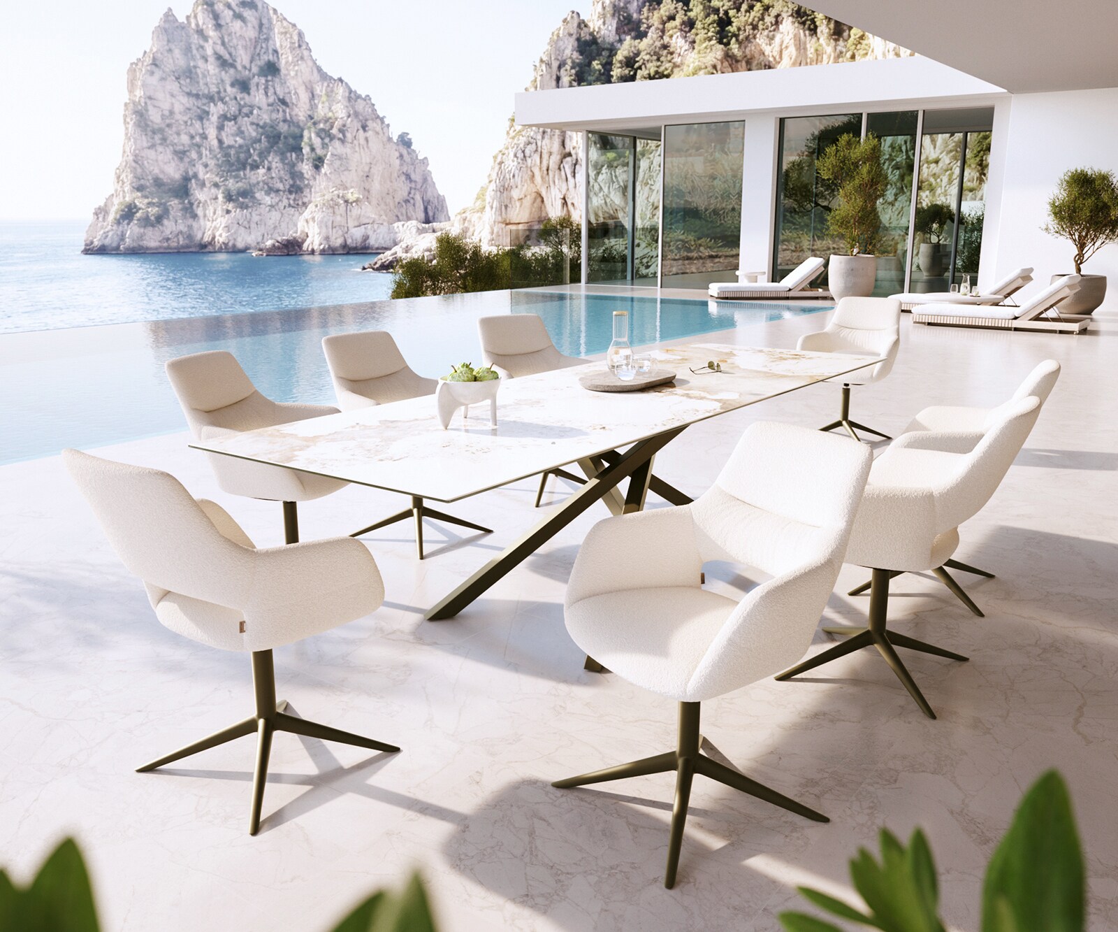 Chaise-d'extérieur Yago-Flex avec accoudoirs bouclé blanc pied de chaise 4 branches aspect titane pivotement sur 360° fonction bascule 3