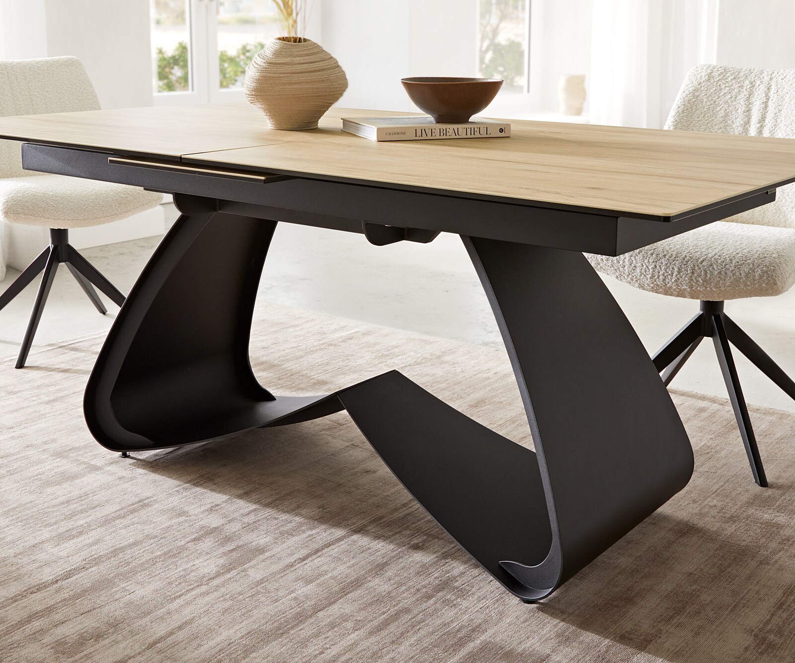 Esstisch Edge 180-220x100 Keramik Laminam® Sabbia Eichefarbig W-Gestell Schwarz ausziehbar 6