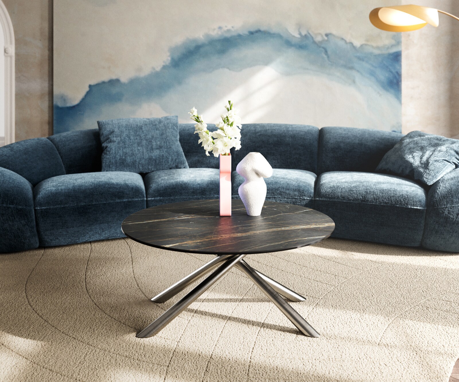 Table basse Edge rond 90x90 cm céramique Laminam® Noir Desir brun Sarity acier inoxydable brossé 2