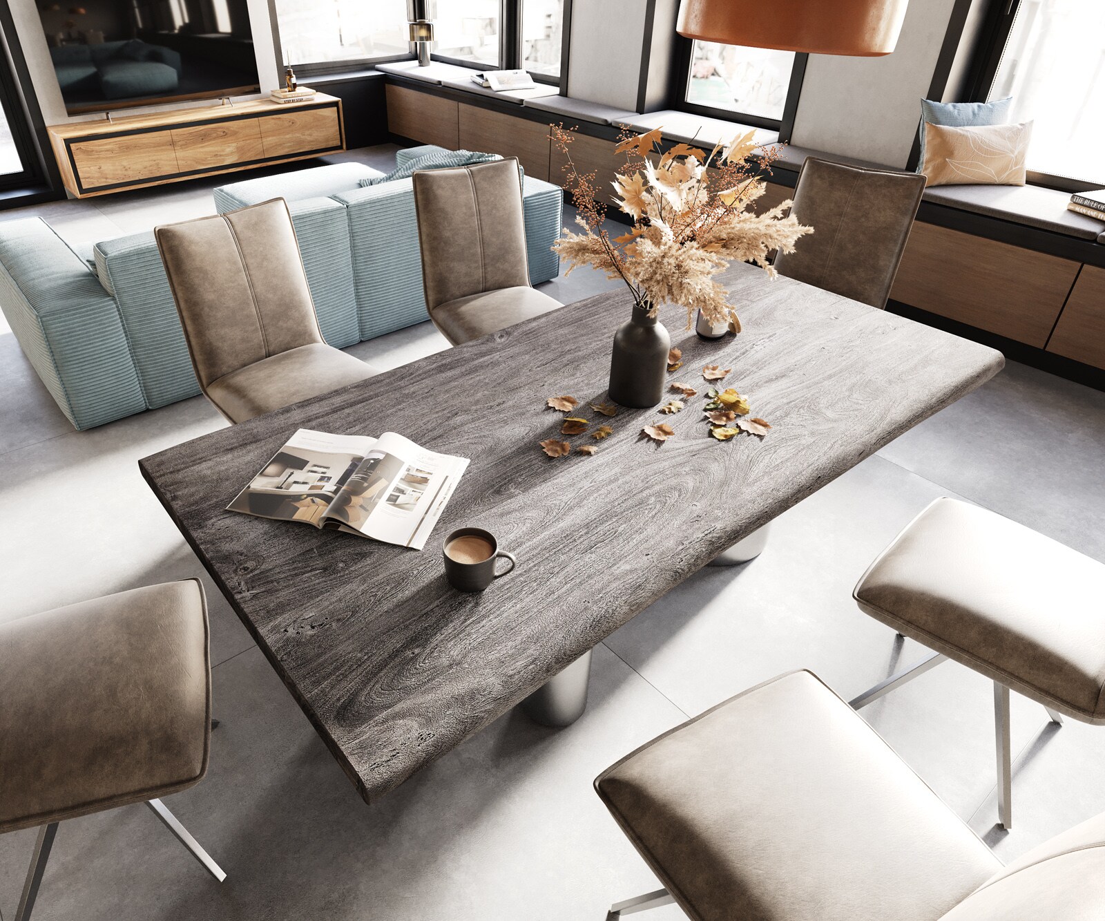 Esstisch Edge 200x100 XL Akazie Platin Troa Edelstahl gebürstet Live-Edge 3