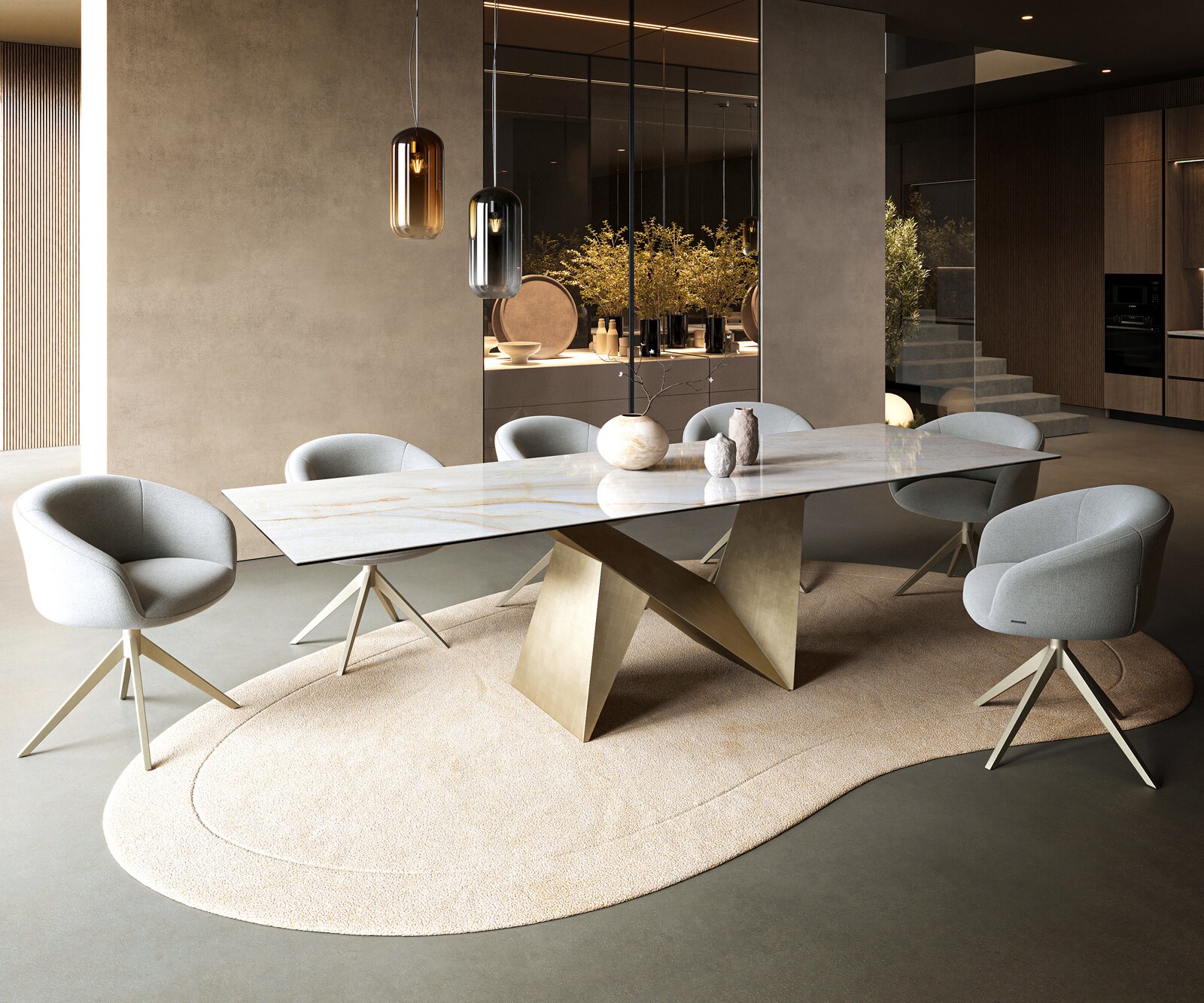 Esstisch Edge 300x100 cm Keramik Onyx Pearl Origami Metallic Gold 6