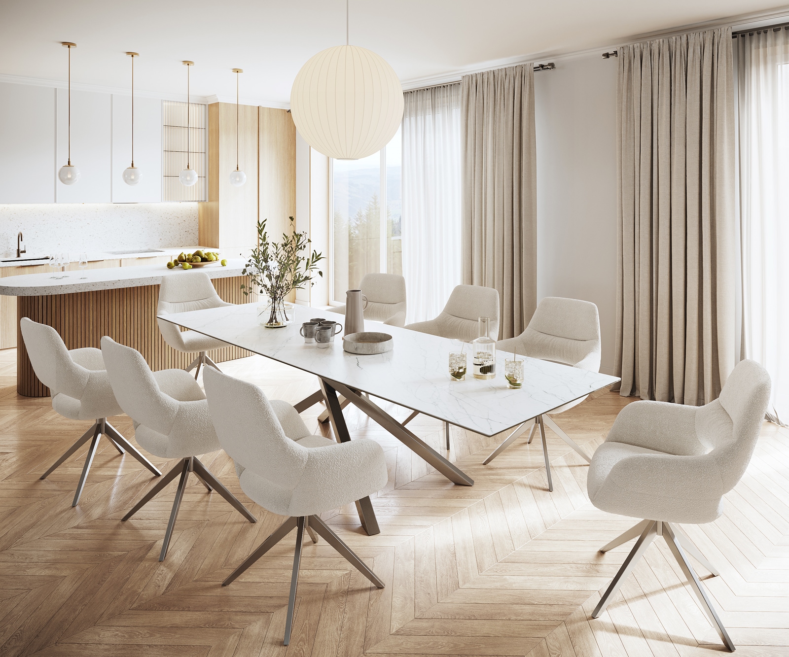 Table-à-manger Edge 300x100cm Laminam® céramique blanc pieds milieu croisé argent 7