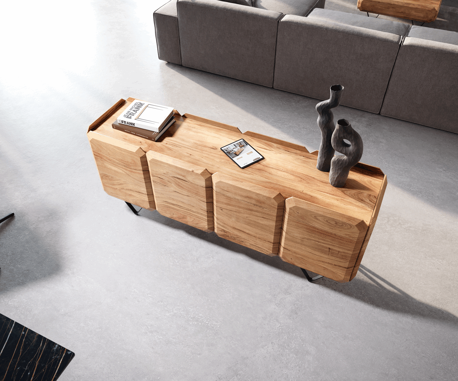Buffet Kiano 175 cm Acacia Nature 4 Portes Pied en V Noir Séparateur de pièce 3