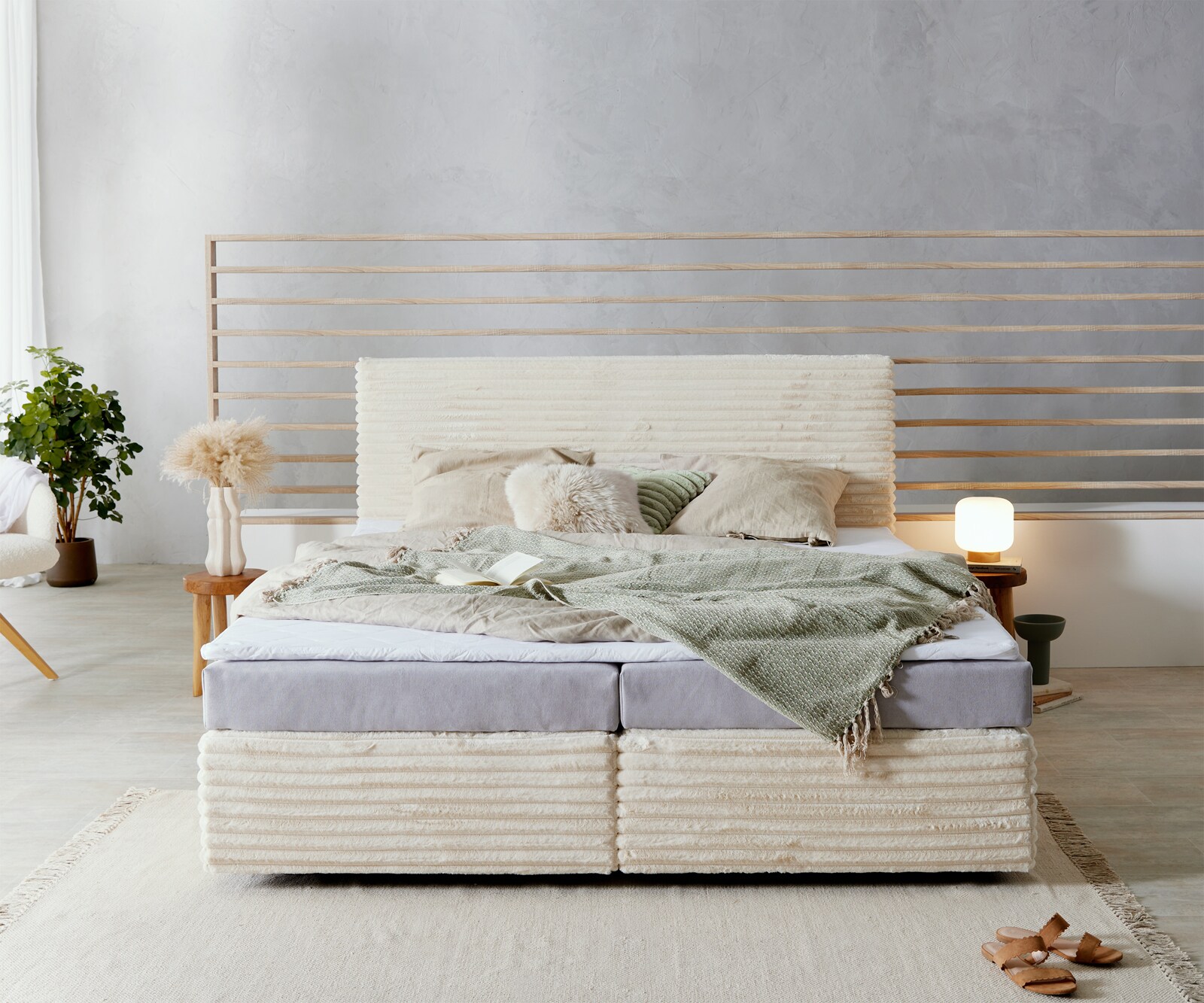 Lit Boxspring Dream-Well Velours Côtelé Beige 180x200 cm Matelas Bonell Topper en Mousse PU 1