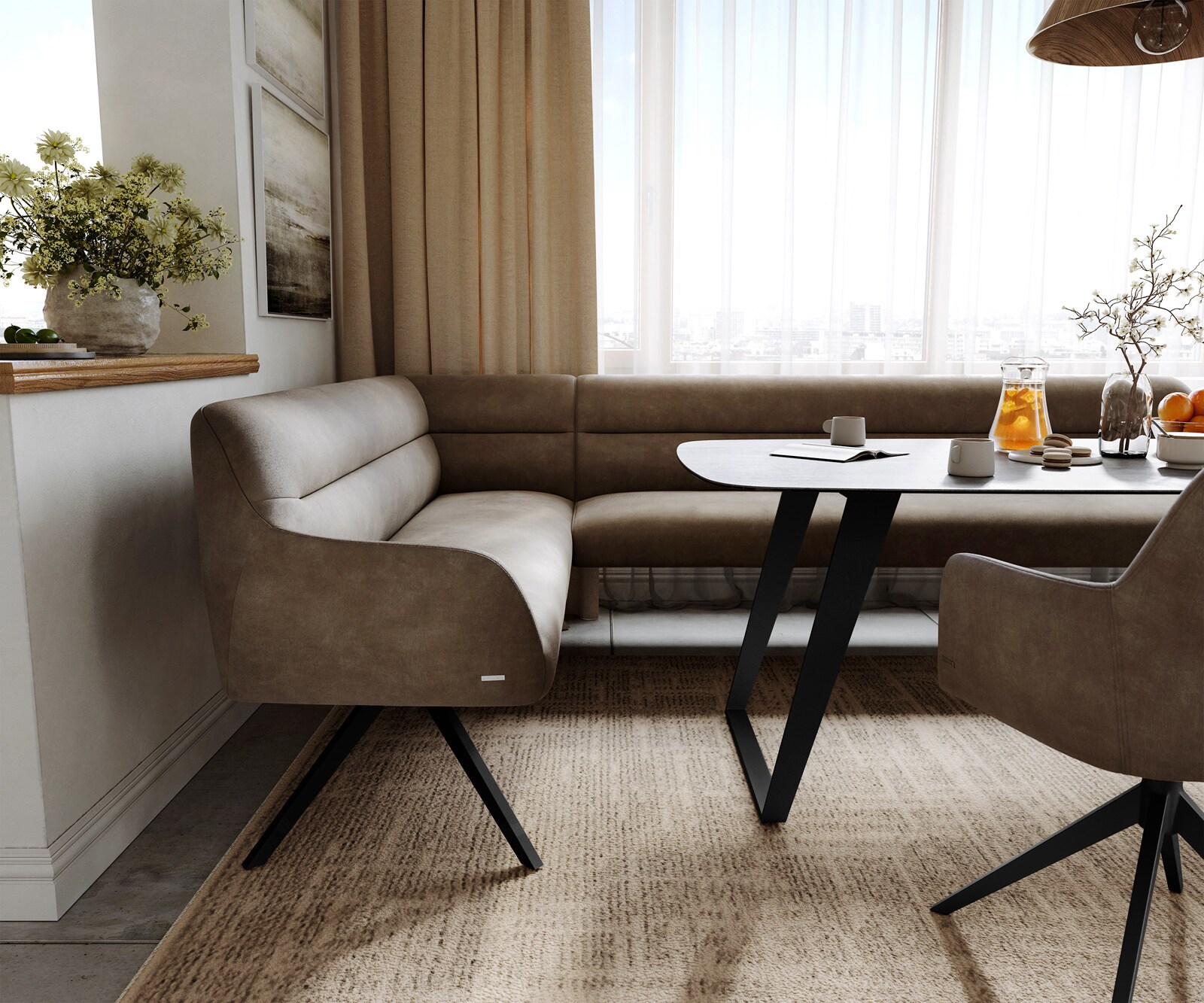 Esszimmerbank Taya-Flex 285x190 cm Mikrofaser Taupe Vintage Kreuzgestell kantig Schwarz Taschenfederkern Rechts 4