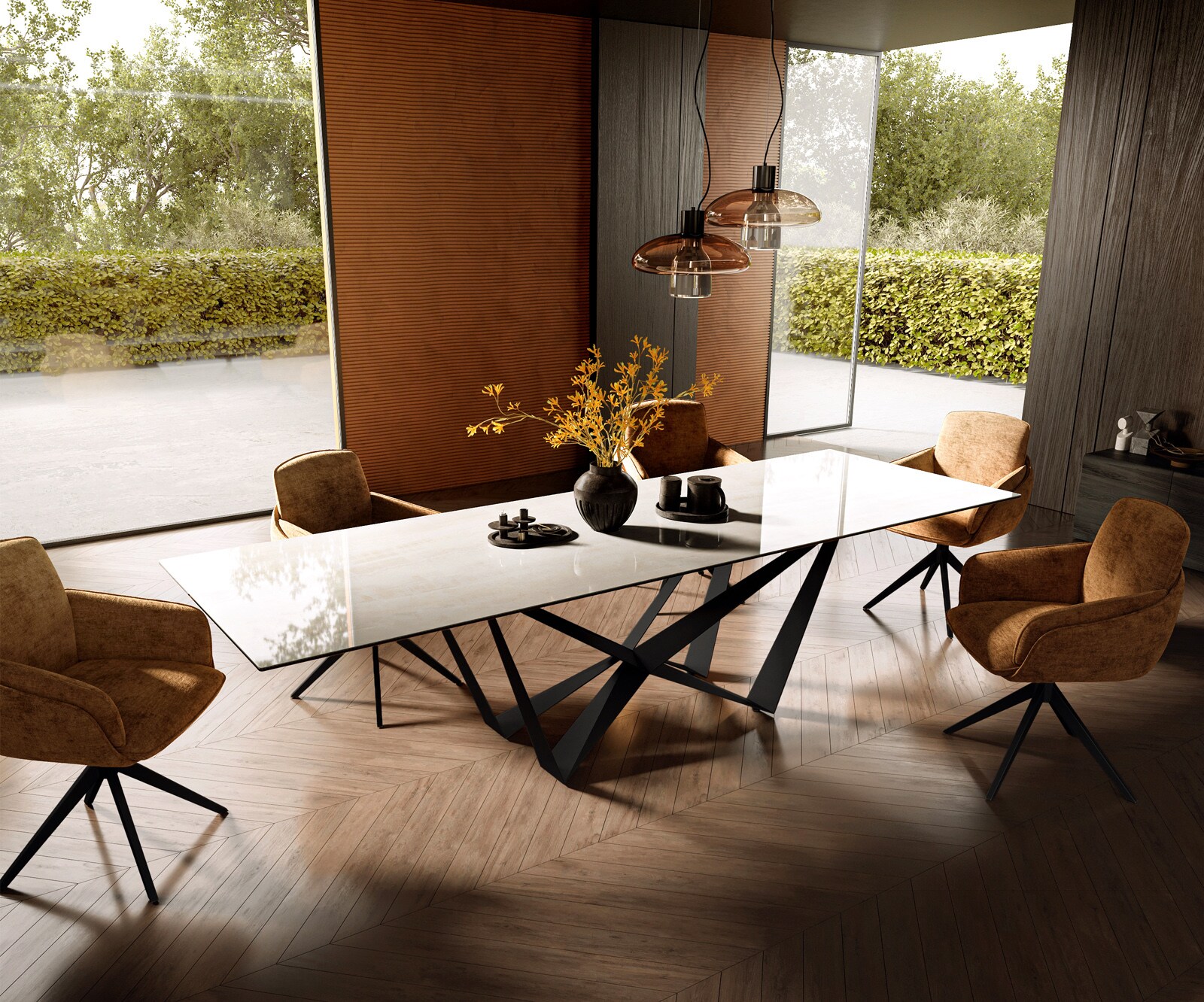 Table à manger Edge 300x100 cm céramique Onyx Champagne Spider acier plat noir 7