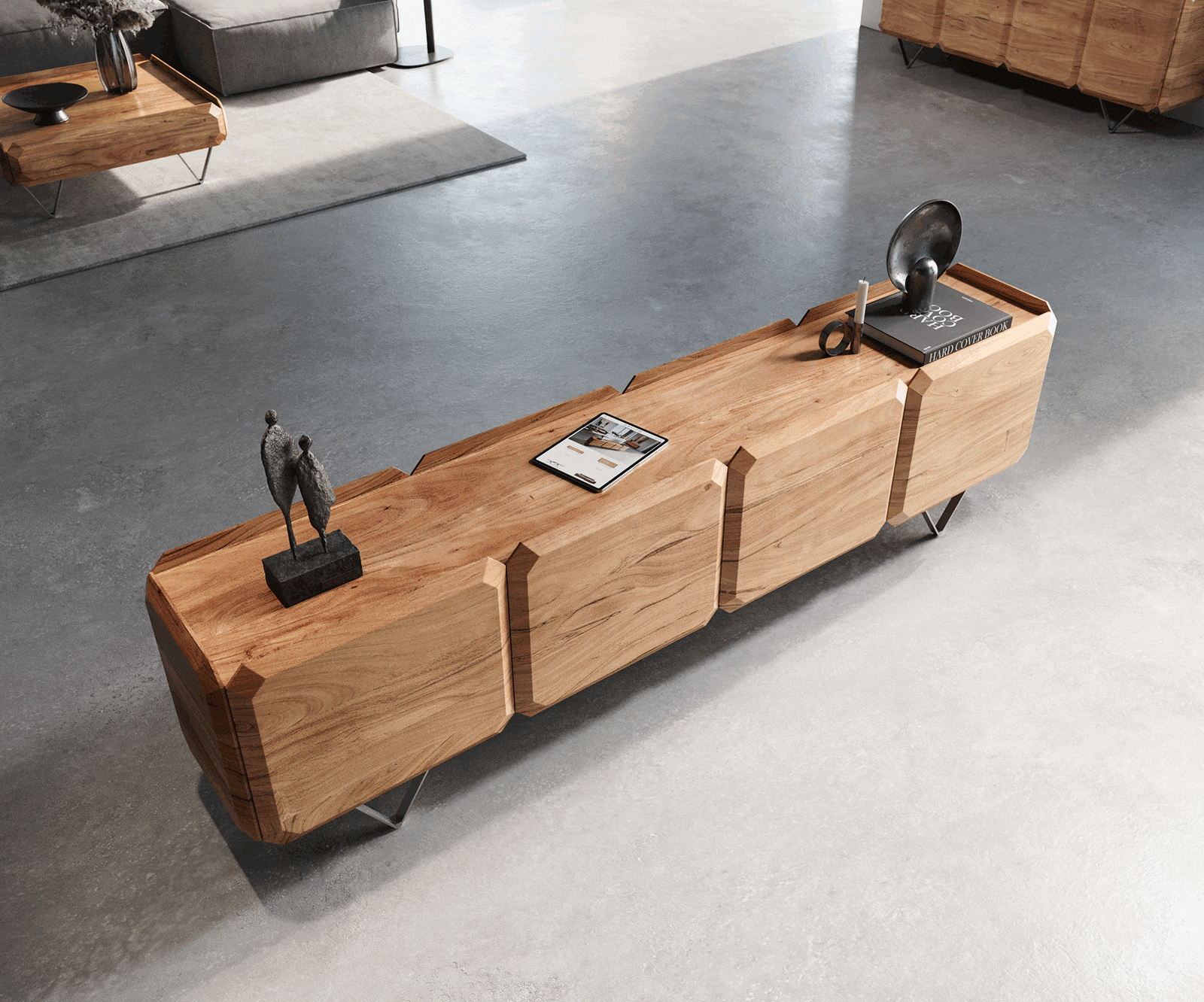 Lowboard Kiano 220 cm Akazie Natur 4 Türen V-Fuß Edelstahl Raumteiler 2 Lowboard Kiano 220 cm Akazie Natur 4 Türen V-Fuß Edelstahl Raumteiler 2