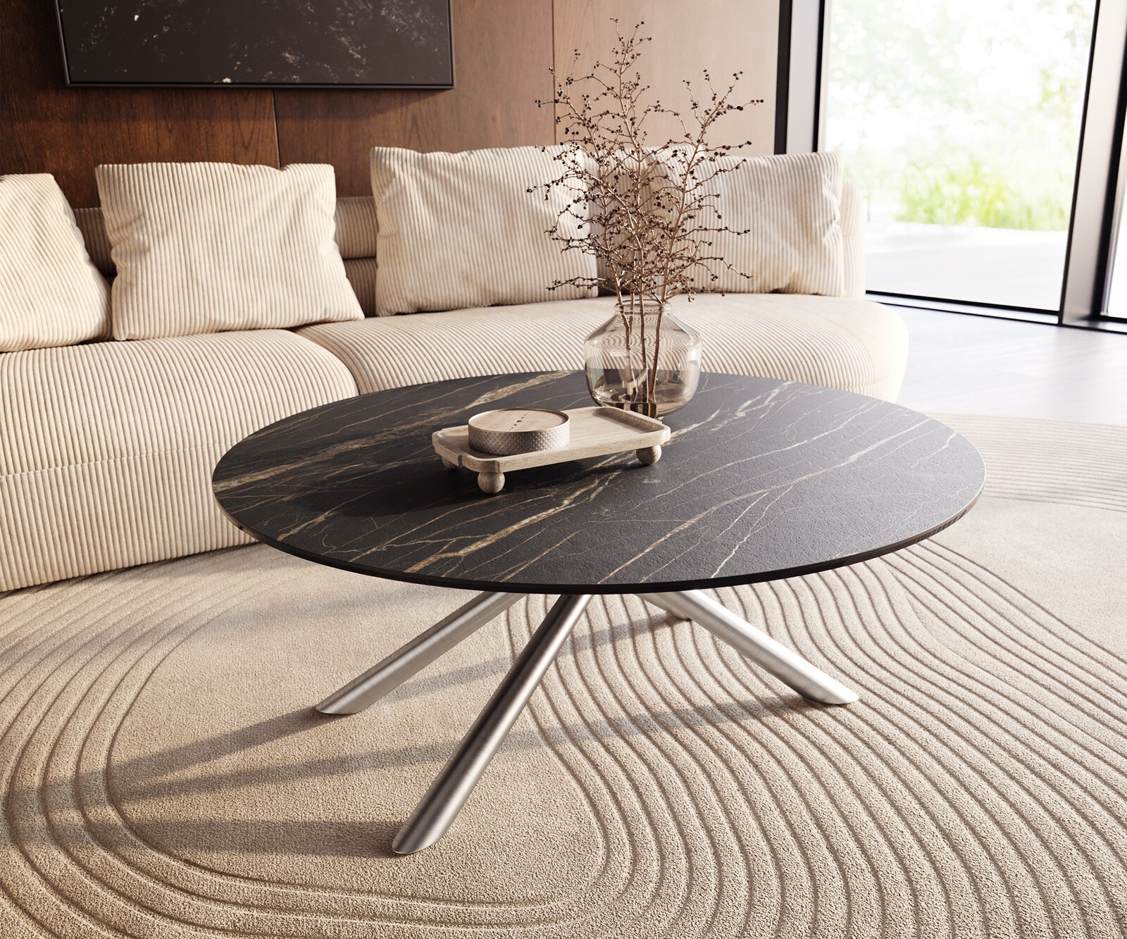 Table basse Edge rond 100x100 cm céramique Laminam® Noir Desir brun Sarity acier inoxydable brossé