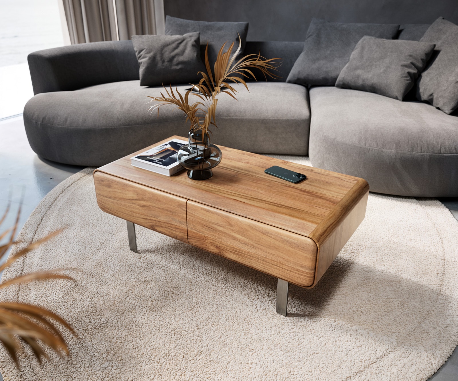 Couchtisch Anaya 100x50 cm Akazie Natur 2 Schubladen L-Fuß Edelstahl
