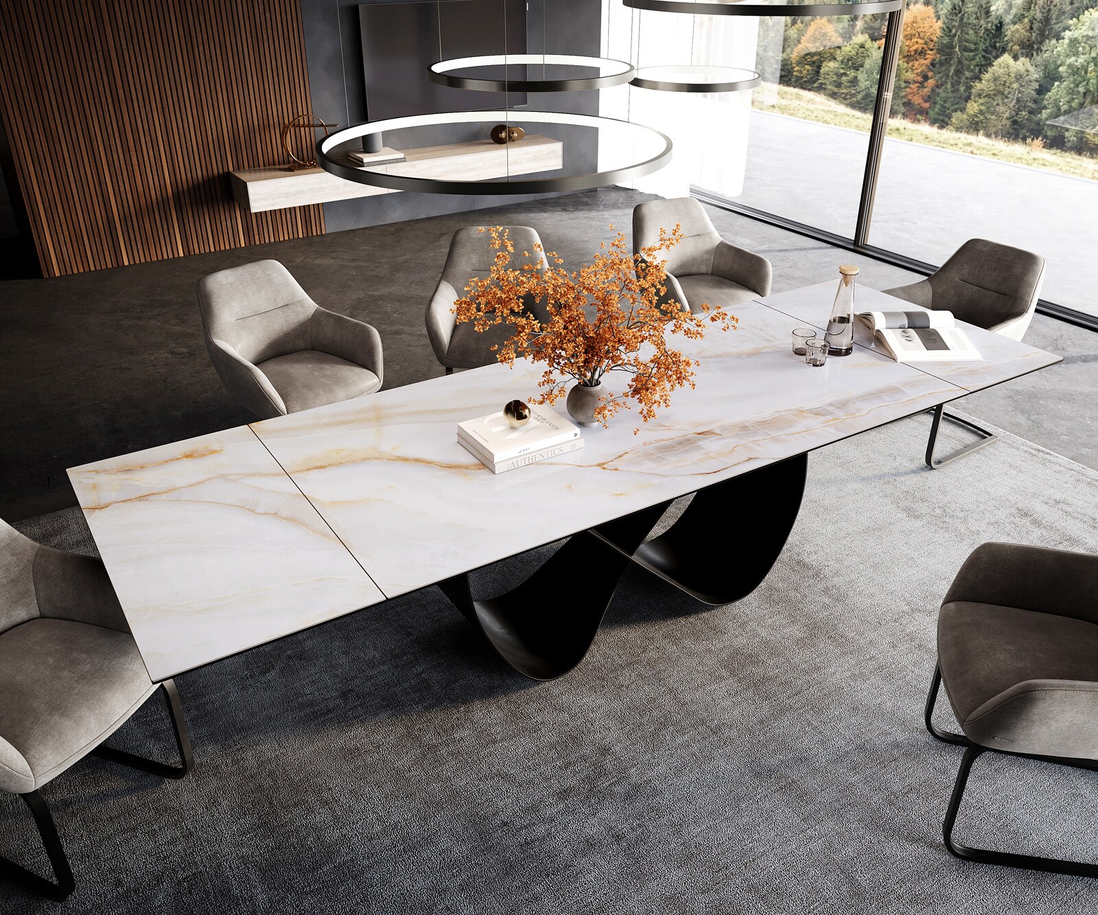 Esstisch Edge 200-300x100 cm Keramik Onyx Pearl Infinity Metall Schwarz ausziehbar 3