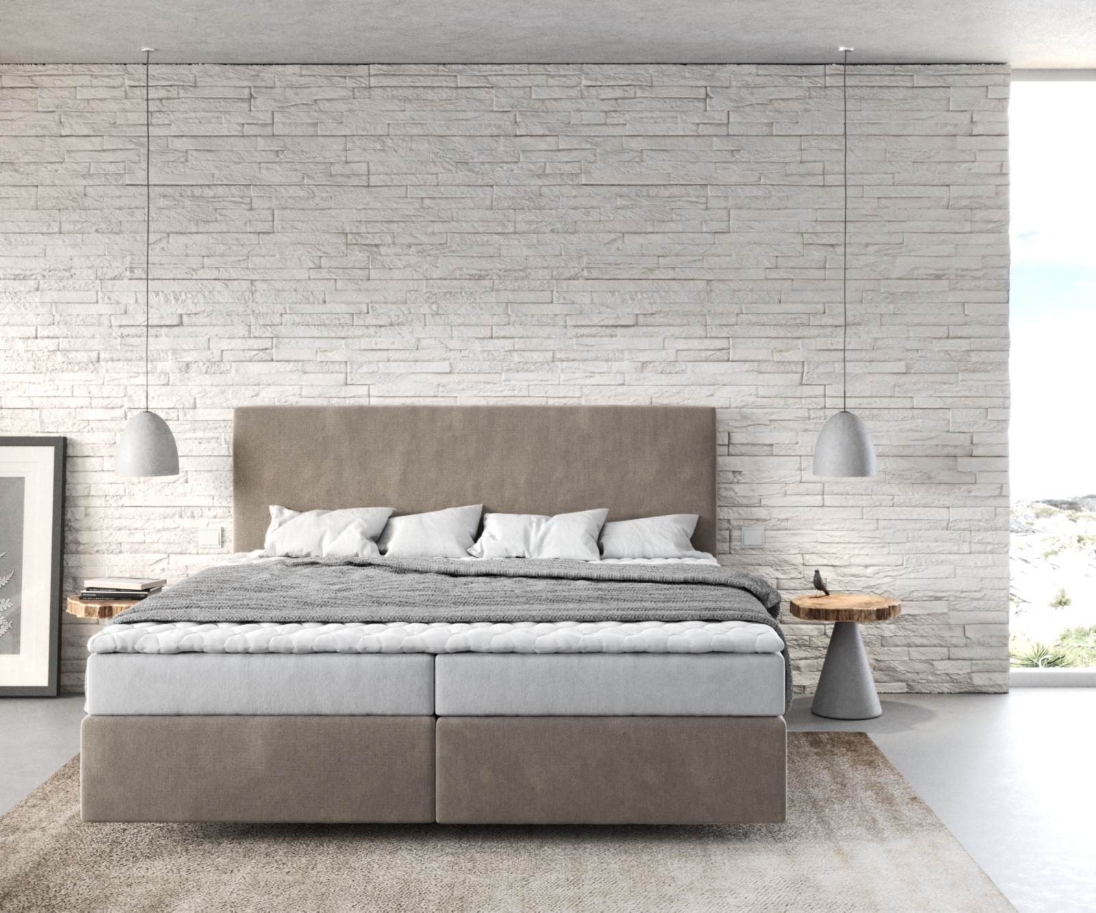 Boxspringbett Dream-Well 180x200 cm Mikrofaser Beige mit Matratze und Topper 1 Boxspringbett Dream-Well 180x200 cm Mikrofaser Beige mit Matratze und Topper 1