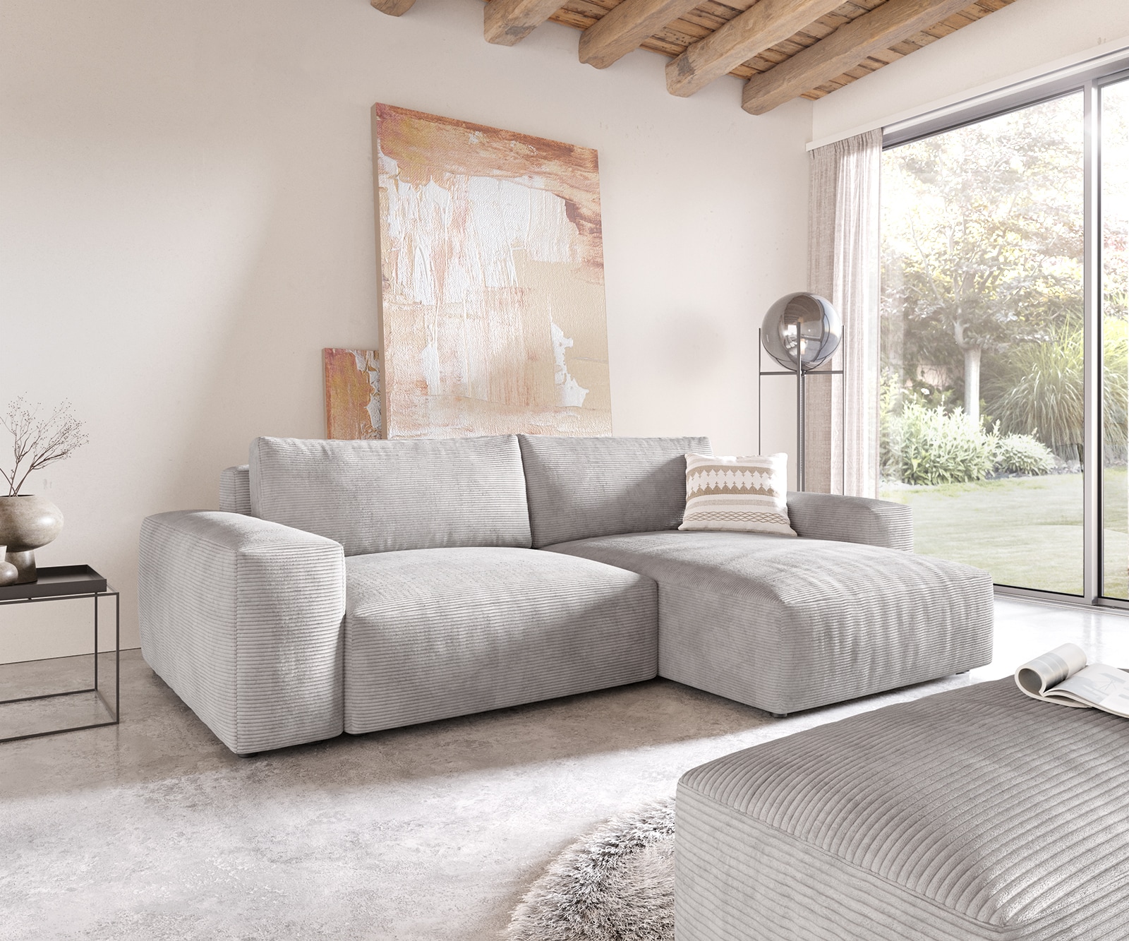 Ecksofa Lanzo XL 270x180 cm Cord Silbergrau Recamiere variabel mit Hocker