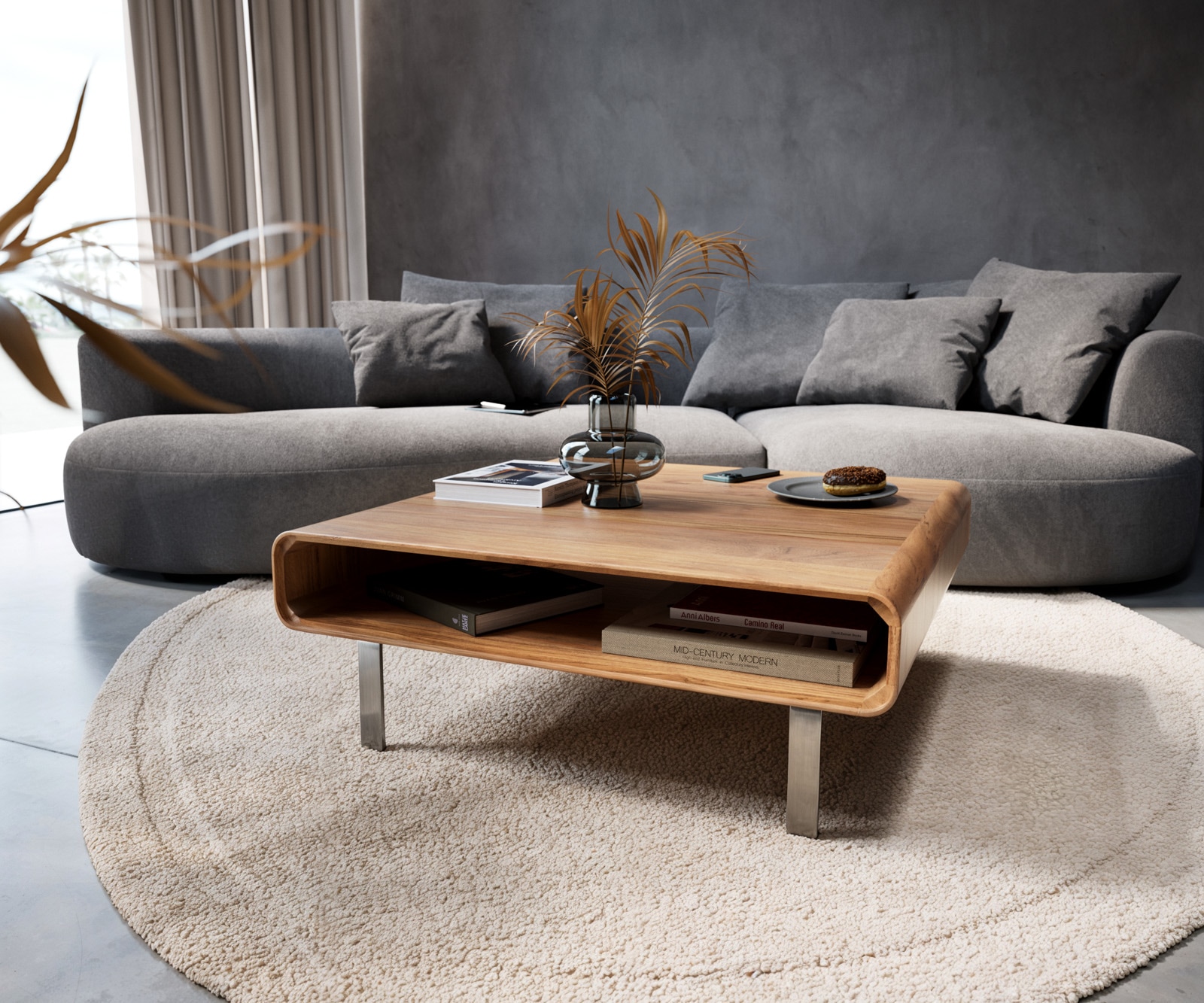 Couchtisch Anaya 90x90 cm Akazie Natur 1 Fach L-Fuß Edelstahl 4