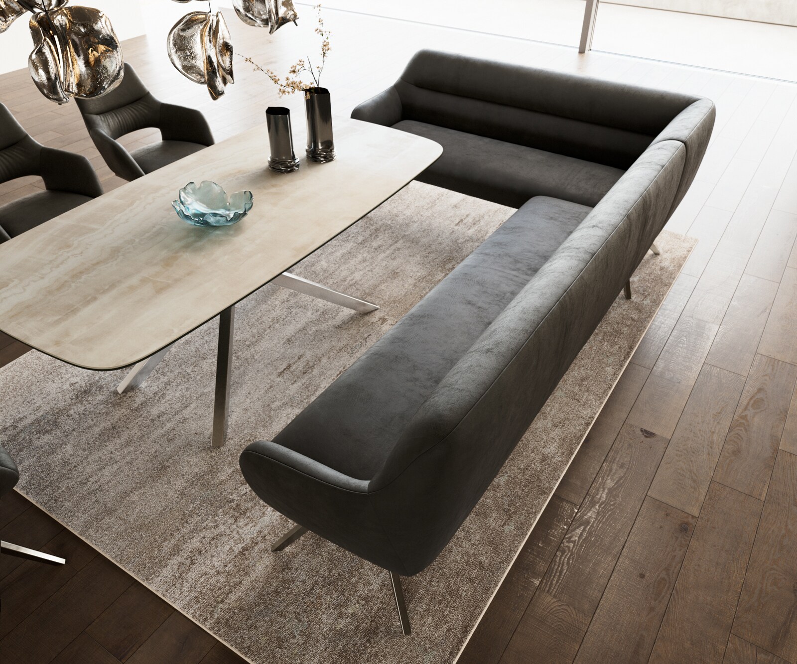 Banc-de-salle-à-manger Taya-Flex 285x190 cm microfibre antracite vintage pied croisé angulaire acier inoxydable ressort ensaché liens 4