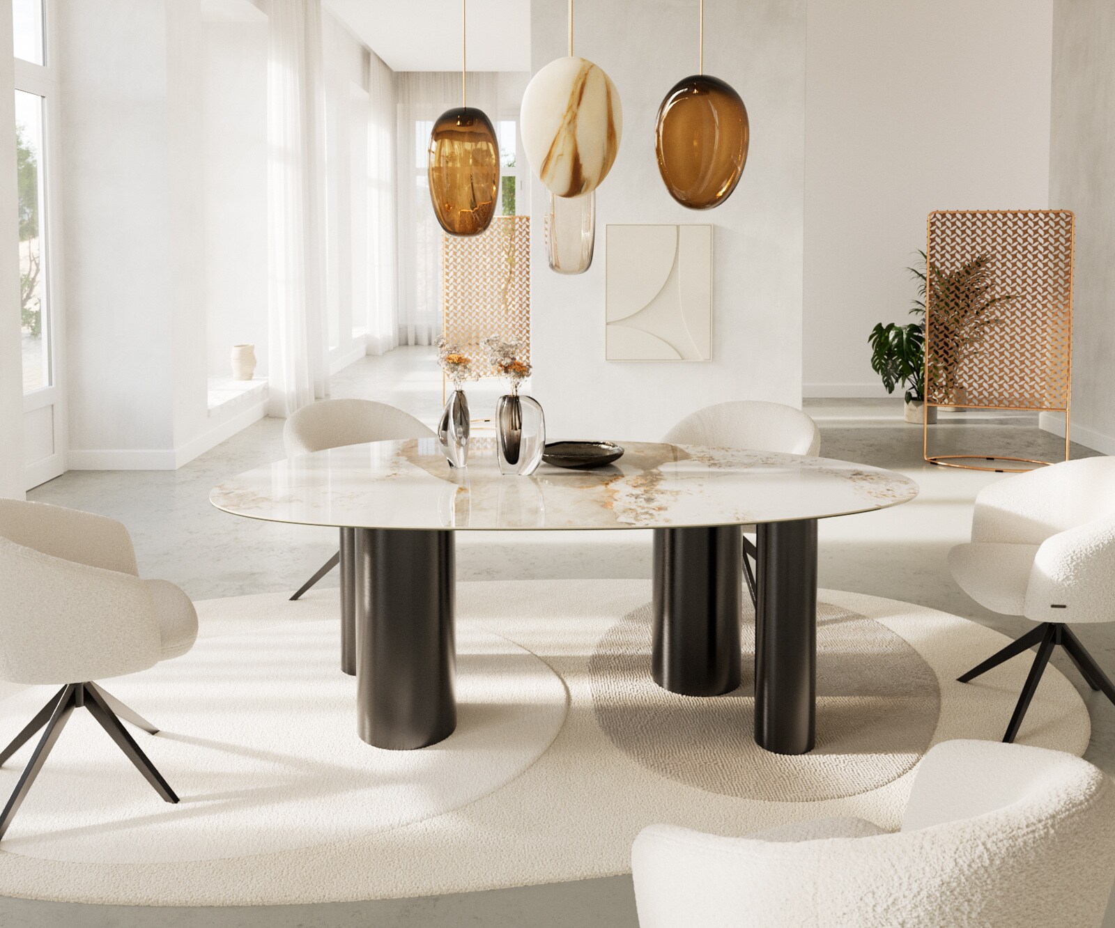 Table à manger Edge Ovale 220x120 Céramique Minas Melange Blanc-Beige Pilier Acier inoxydable Graphite 2
