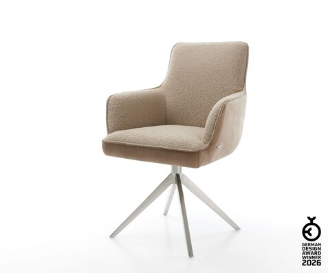 Chaise-pivotante Heira-Flex avec accoudoirs tissu mixte couleur boue pied croisé large acier inoxydable brossé pivotement sur 360° ressorts ensachés
