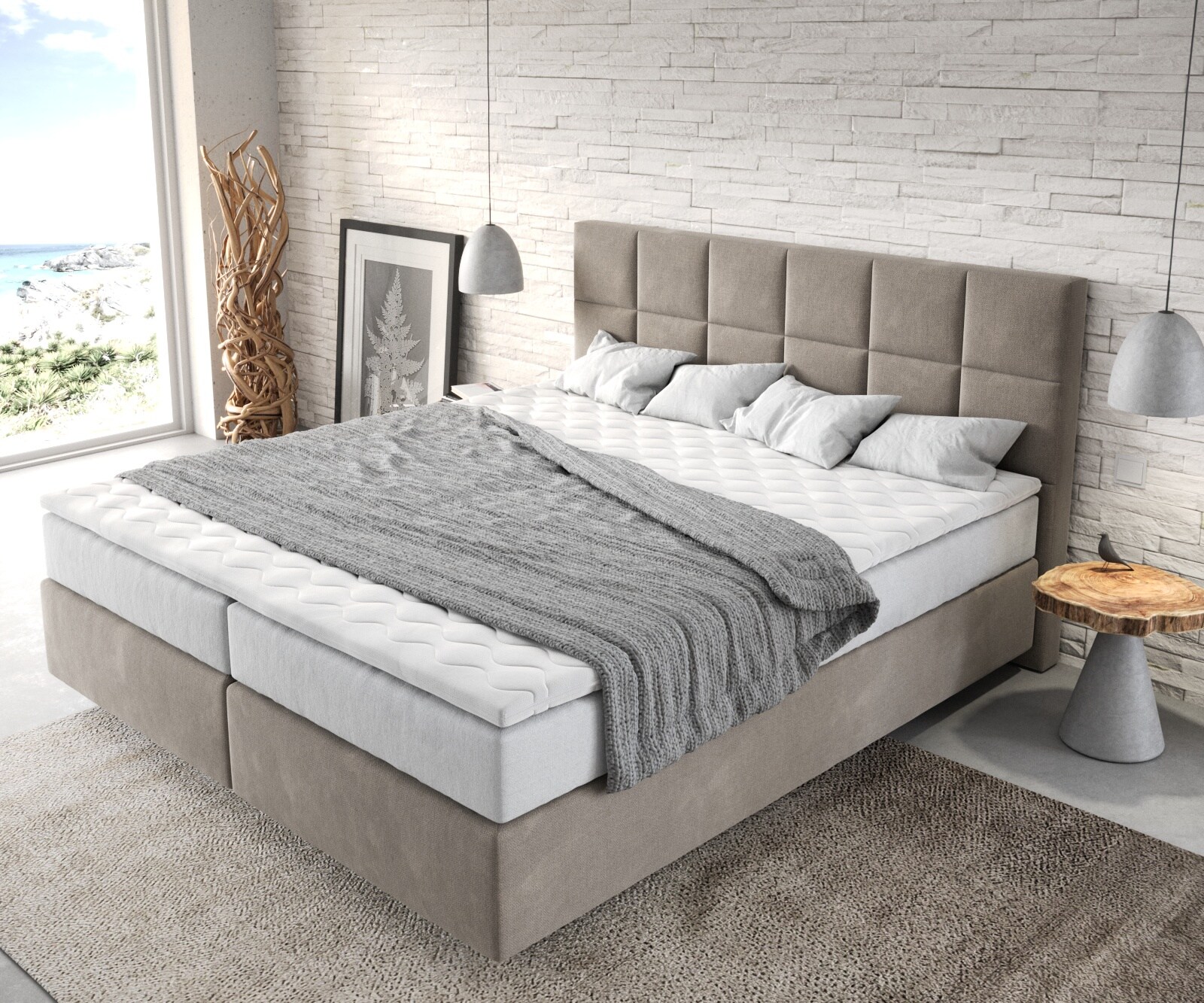 Boxspringbett Dream-Fine 180x200 cm Mikrofaser Beige mit TFK Matratze und Visco Topper 3