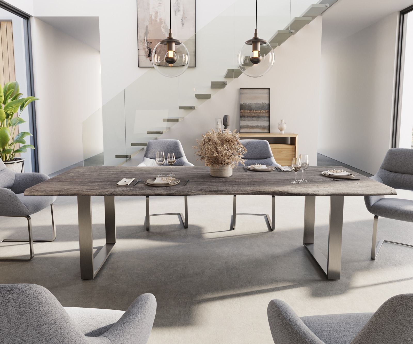 Esstisch Edge 260x100 Akazie Platin Edelstahl Schmal Live-Edge 1 Esstisch Edge 260x100 Akazie Platin Edelstahl Schmal Live-Edge 1