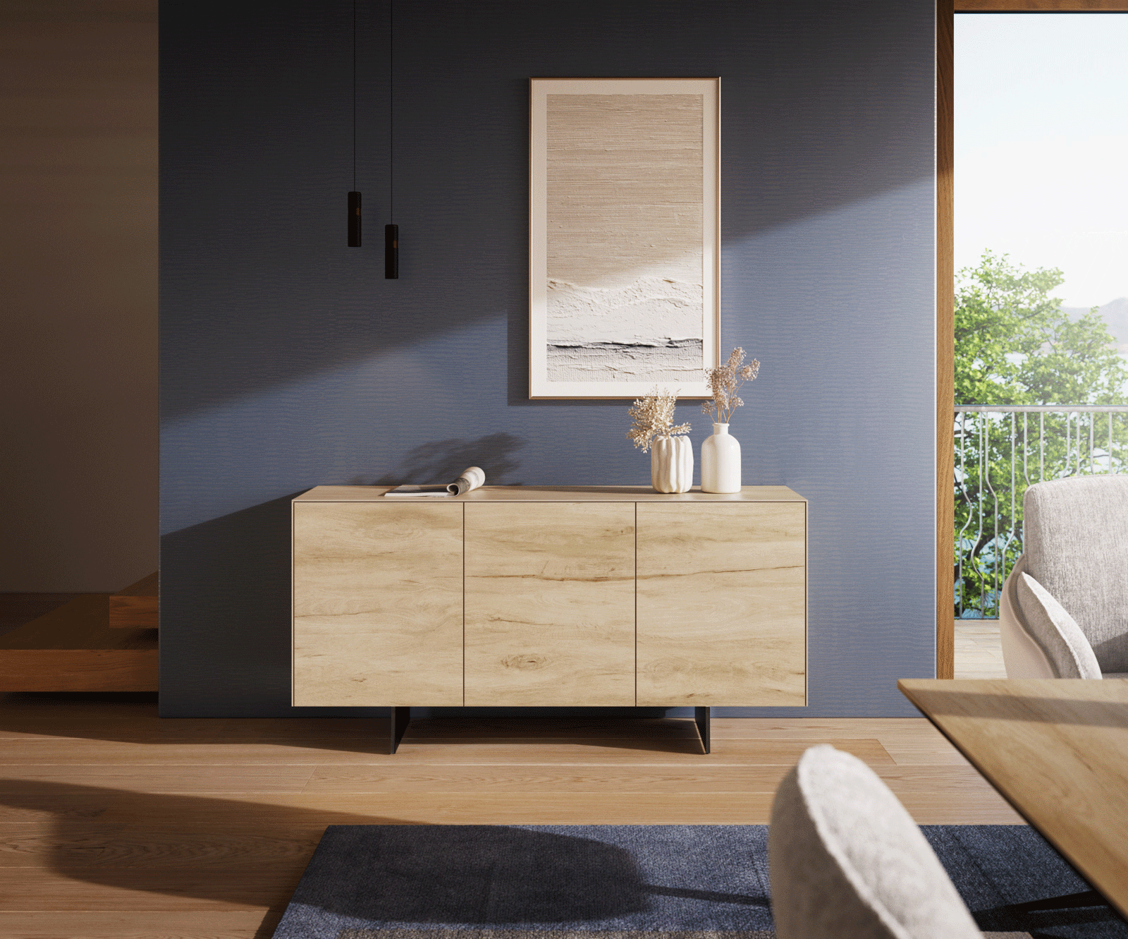 Sideboard Cuor 150 cm Keramik Laminam® Sabbia Eichefarbig 3 Türen Fuß Schwebeoptik Metall Schwarz 2
