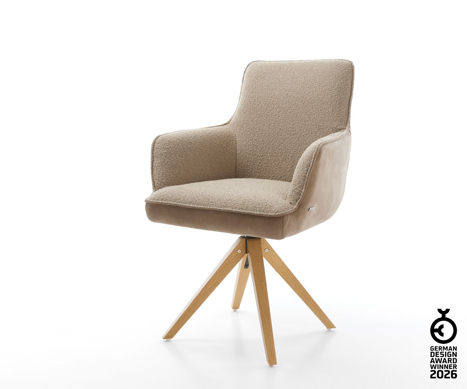 Chaise-pivotante Heira-Flex avec accoudoirs tissu mixte couleur boue pied en bois angulaire naturel pivotement sur 180° ressorts ensachés 1