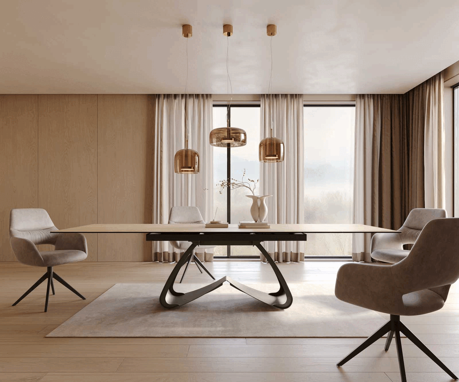 Esstisch Edge 200-300x100 Keramik Laminam® Sabbia Eichefarbig W-Gestell Effektfinish Titan Ausziehbar 2