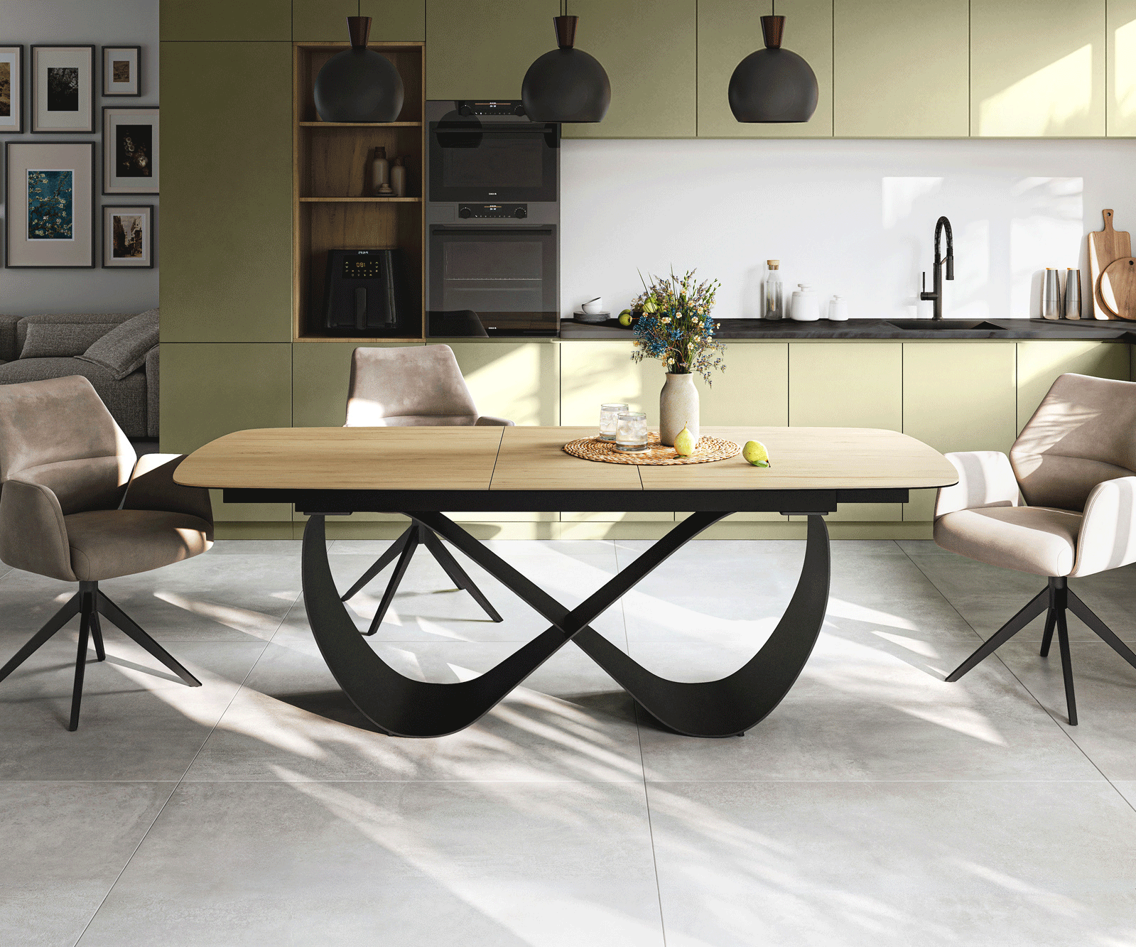 Table à manger Edge Boot 180-220x100 cm Céramique Laminam® Sabbia Eichefarbig Infinity Métal Noir extensible 2