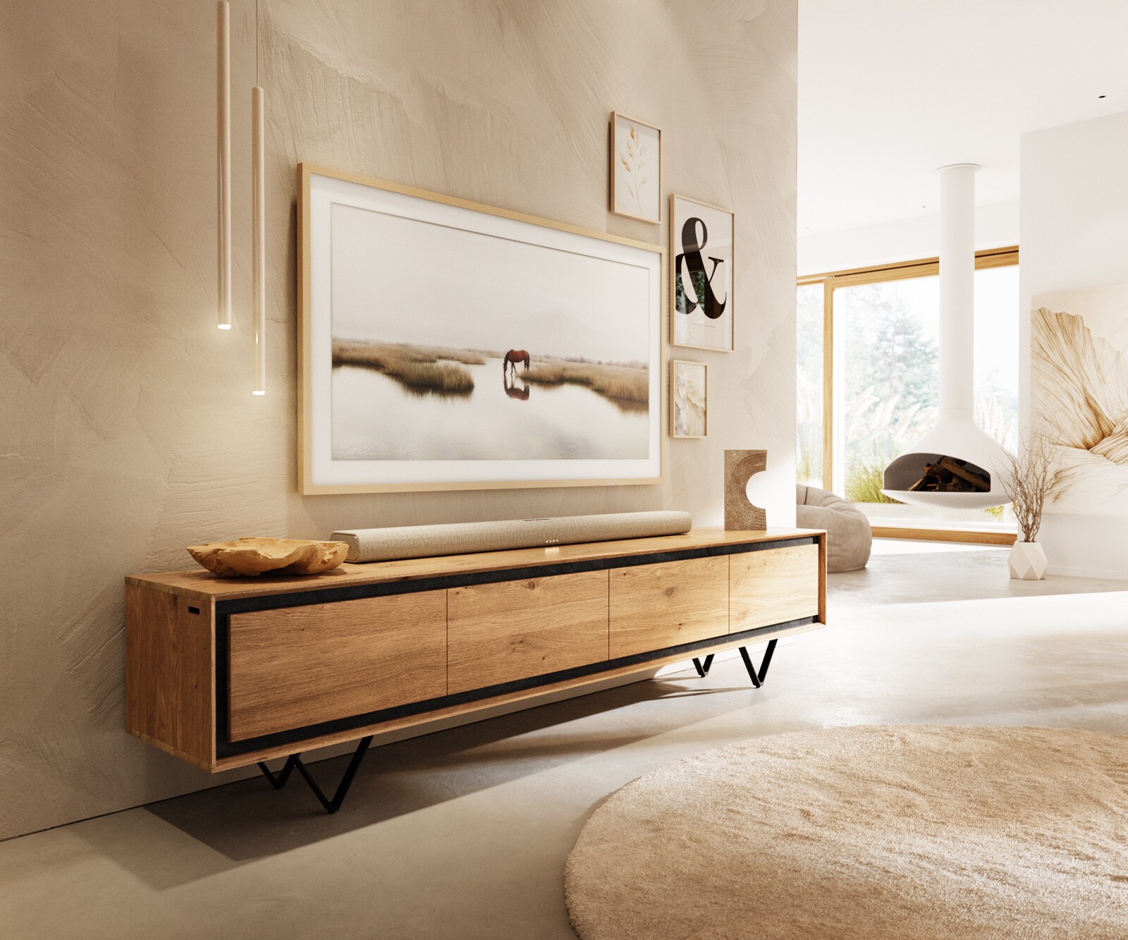 Meuble-TV Stonegrace 200 cm chêne naturel 4 portes placage pierre pied en V métal noir