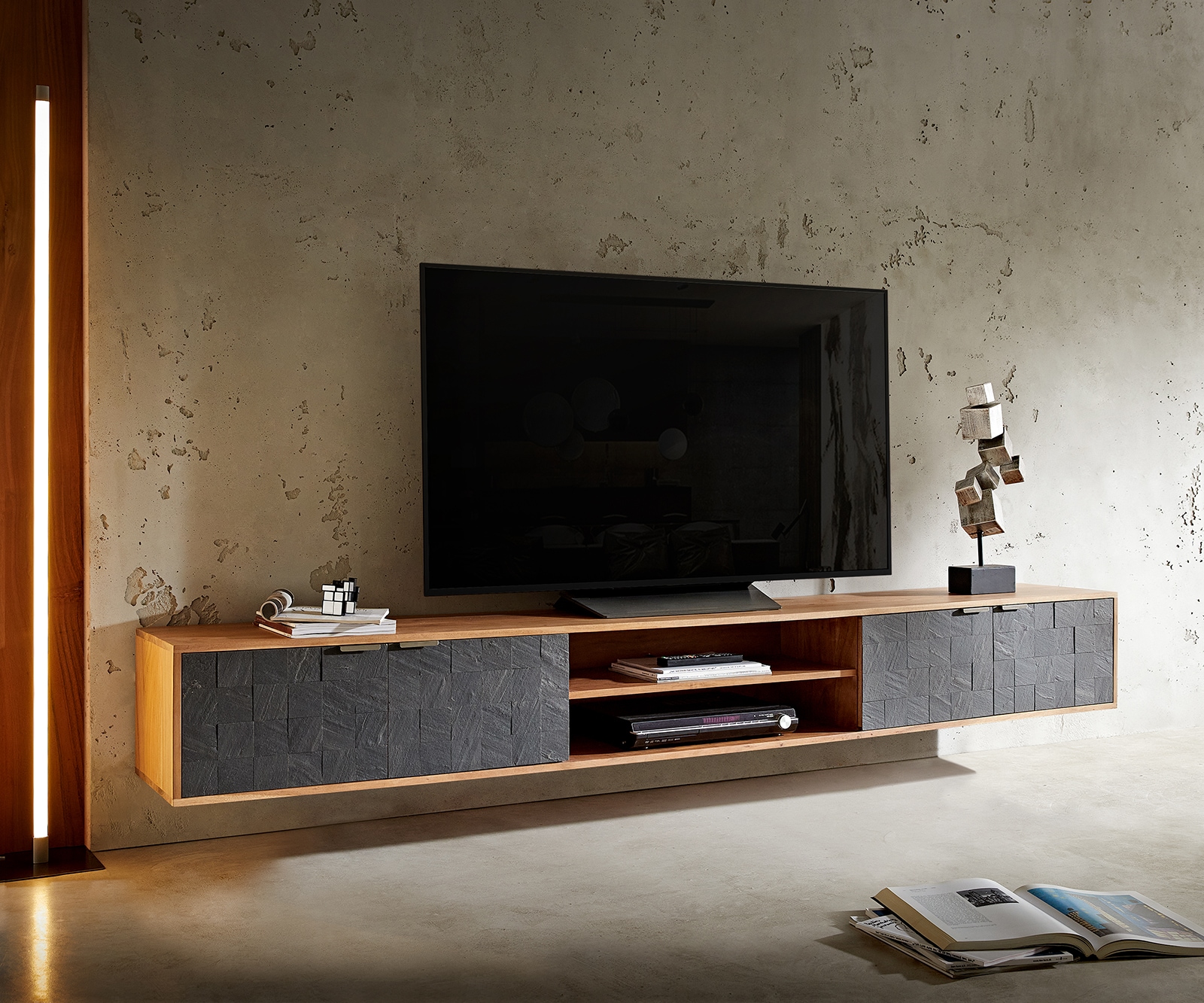 Lowboard Teele 240 cm Akazie Natur Schiefer 4 Türen schwebend Lowboard Teele 240 cm Akazie Natur Schiefer 4 Türen schwebend