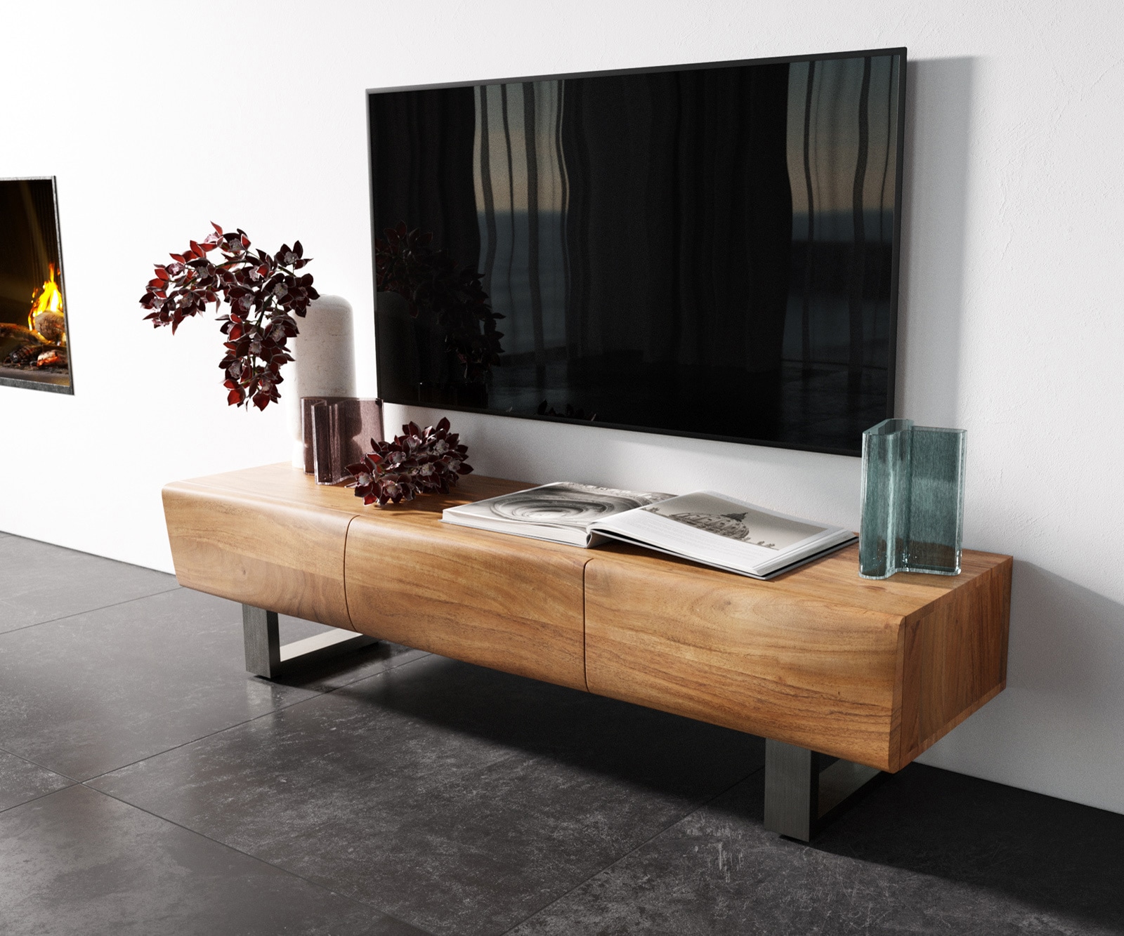 Meuble - TV New Live-Edge 145 cm acacia naturel 3 portes patin inox brossé Meuble - TV New Live-Edge 145 cm acacia naturel 3 portes patin inox brossé