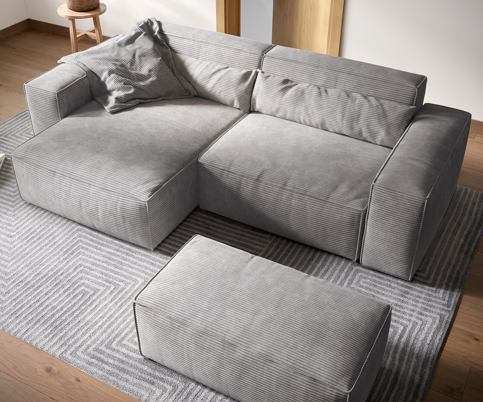 Ecksofa Sirpio XL 270x170 cm Cord Silbergrau Recamiere variabel mit Hocker 3 Ecksofa Sirpio XL 270x170 cm Cord Silbergrau Recamiere variabel mit Hocker 3