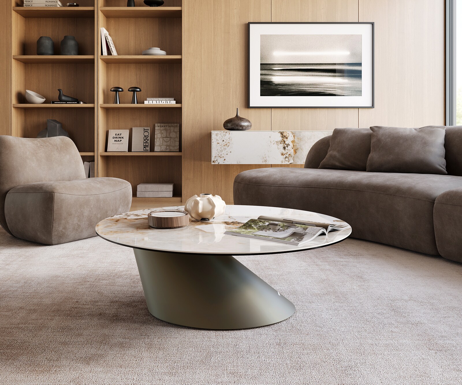 Couchtisch Edge Rund 100x100 cm Keramik Minas Melange Conis Metall Effektfinish Titan 2